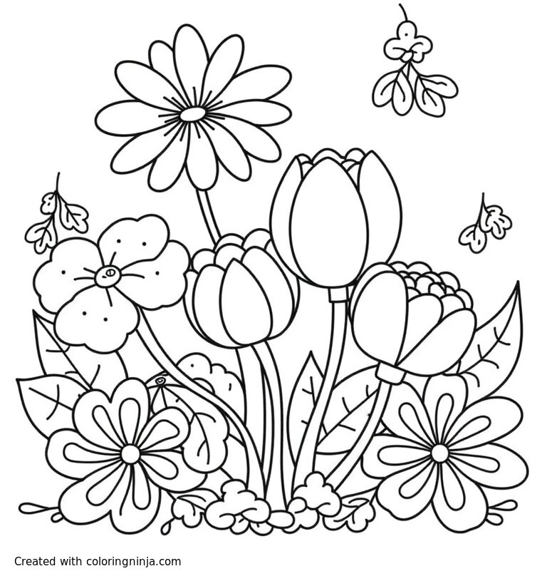 A coloring page of spring with many flowers