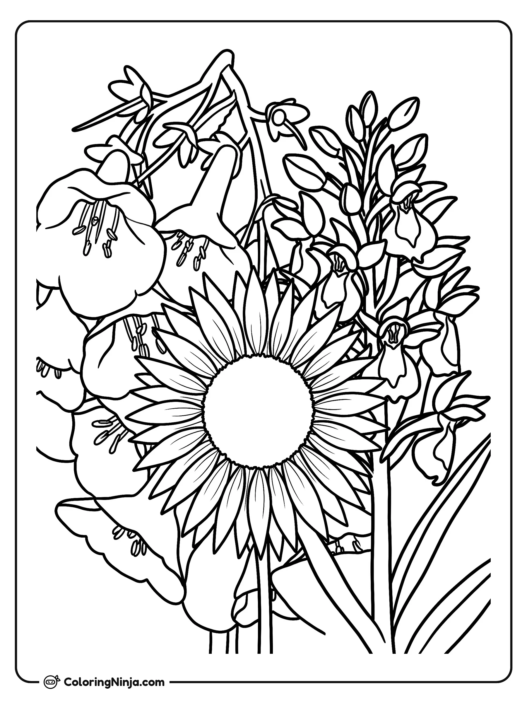 Ramillete de Flores de Primavera, dibujo para colorear: Un vibrante ramo primaveral destaca un gran girasol acompañado de campanas colgantes y una espiga de orquídeas.