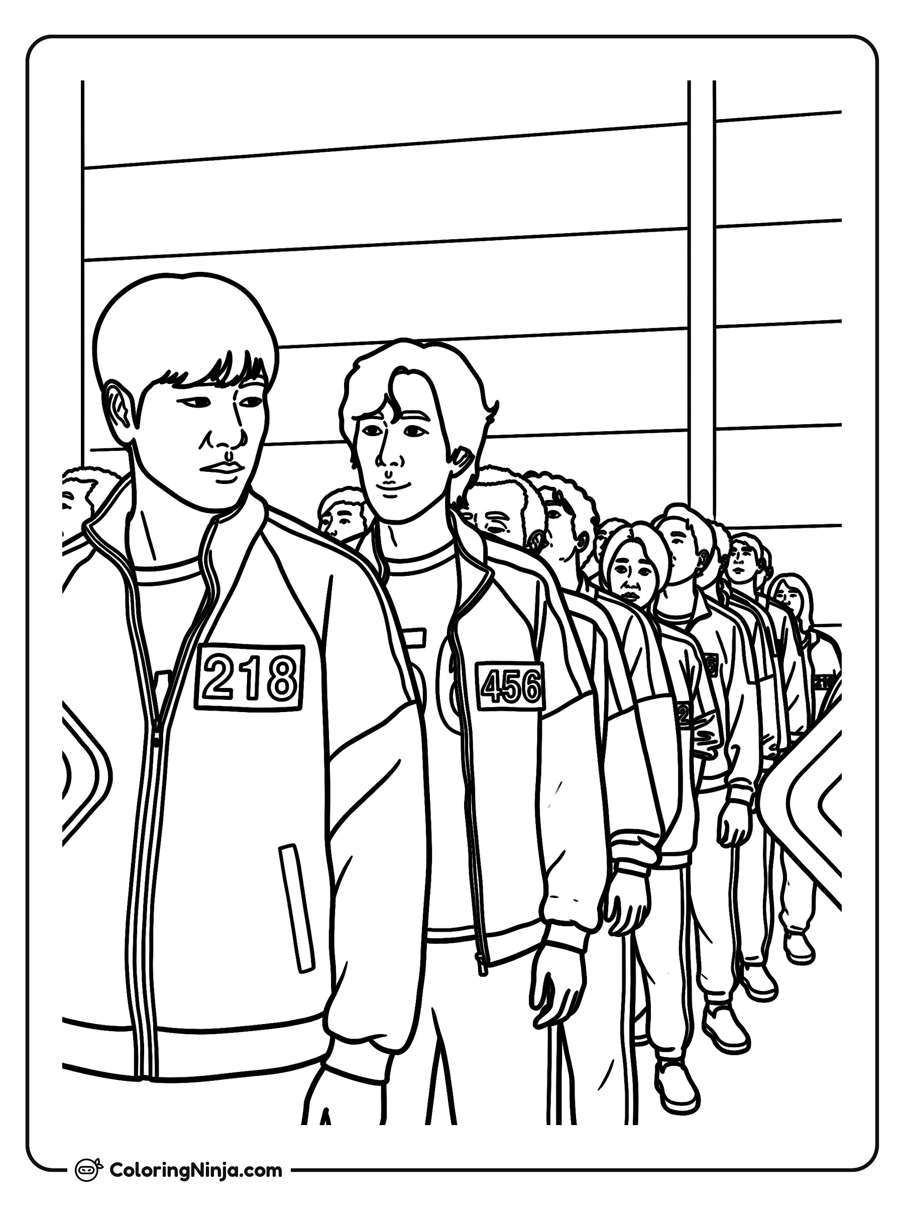Jugadores de El juego del calamar en fila: dibujo para colorear
