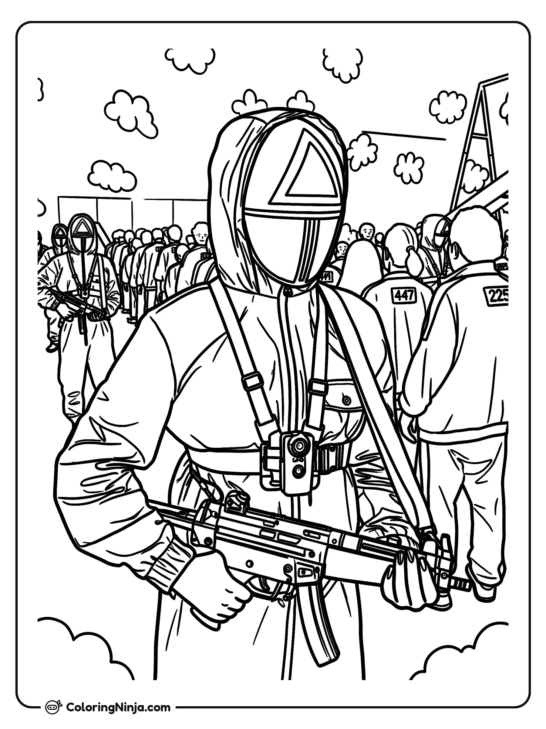 Guardia de Squid Game con arma, dibujo para colorear: Un guardia enmascarado de Squid Game sostiene un arma en primer plano mientras viste su traje con capucha y el símbolo del triángulo.