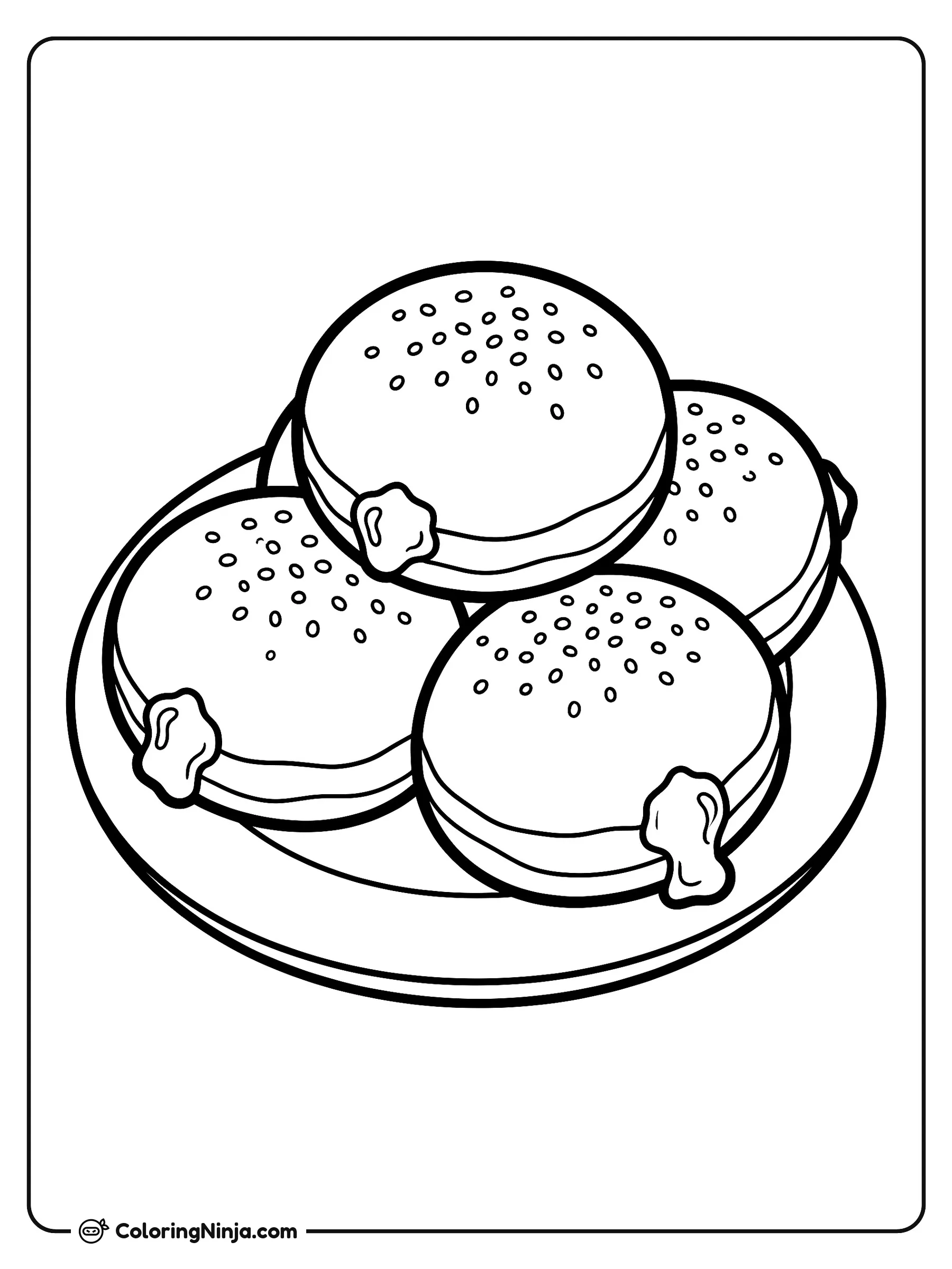 Sweet Sufganiyot Jelly Doughnuts Coloring Page: A decorative plate holds a neat stack of round, puffy jelly doughnuts. White powdered sugar spots and a little pool of red jam are visible on top. This page fits kids aged 5 to 9.