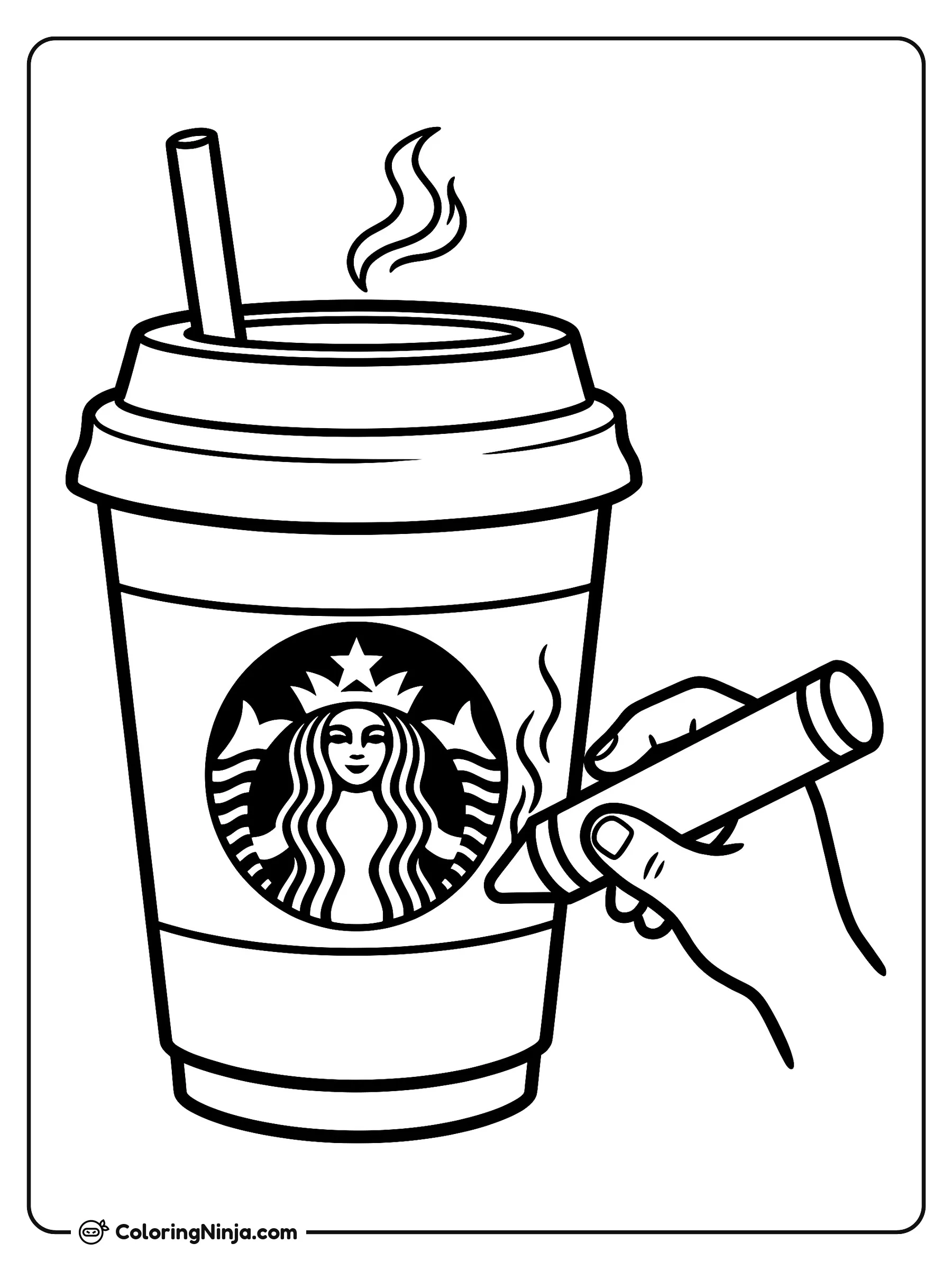 Vaso de café Starbucks con crayón, dibujo para colorear: Un gran vaso de café Starbucks con tapa, sorbete y vapor caliente listo para pintar. Una mano sostiene un crayón junto al vaso para darle color al famoso logo.