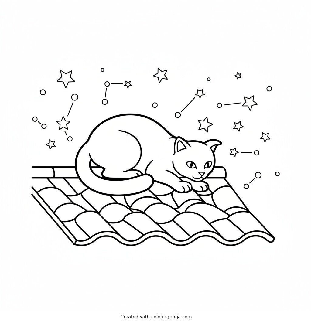 Rooftop Cat on Patrol Coloring Page