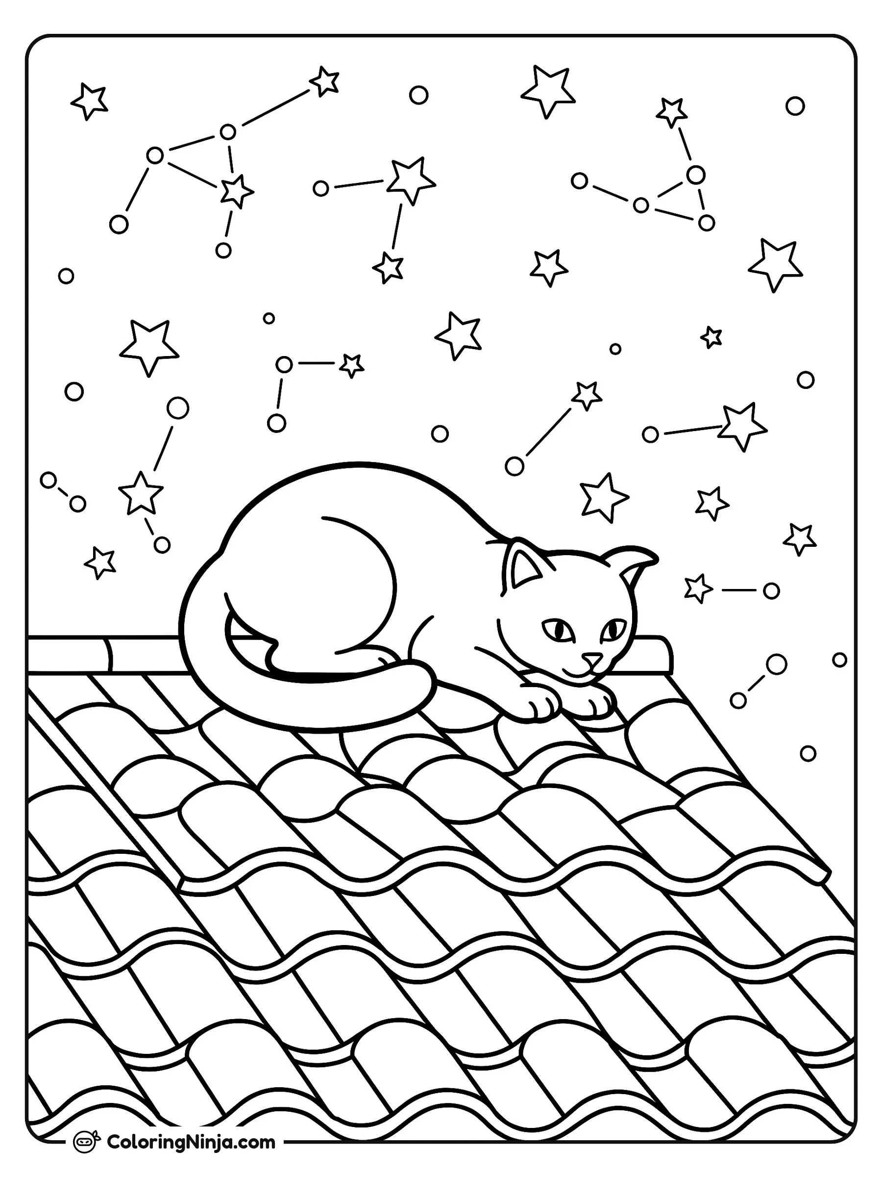 Gato en el tejado vigilando, dibujo para colorear: Un gato atento se encuentra agazapado sobre un tejado durante una noche despejada. Por encima del techo, el cielo está lleno de estrellas brillantes y constelaciones conectadas.
