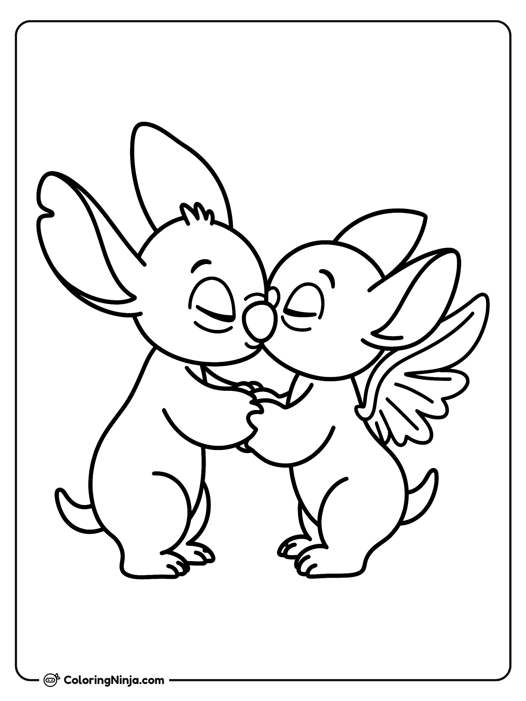 Stitch y Angel dándose un beso: dibujo para colorear