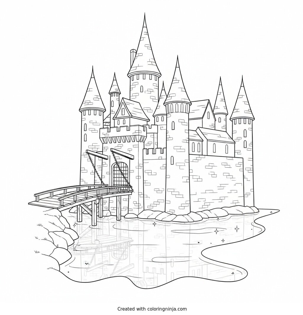 Grand Castle by the Water Coloring Page