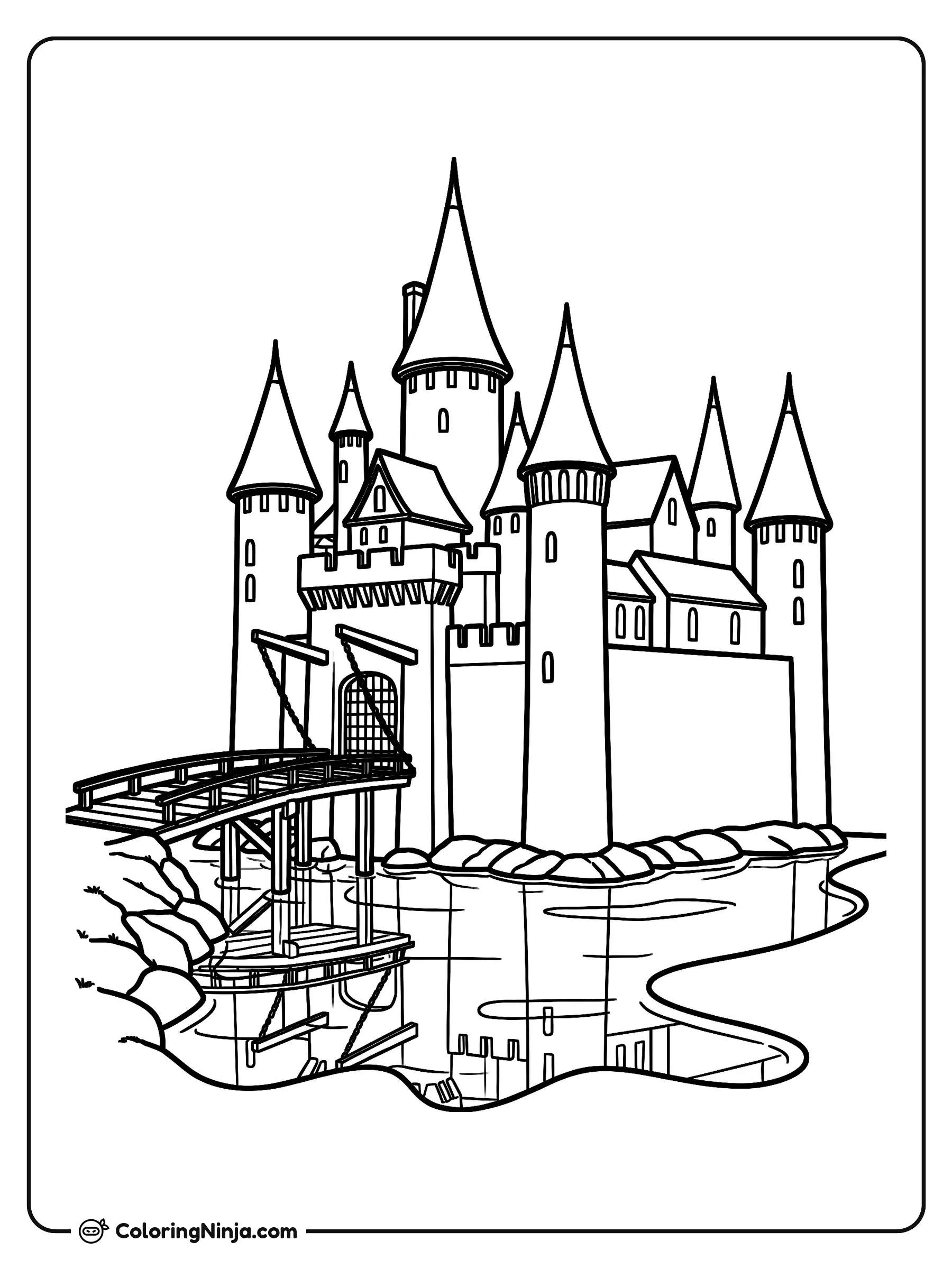 Gran Castillo Junto al Agua, dibujo para colorear: Un imponente castillo con altas torres, techos puntiagudos y murallas se alza junto a la orilla del agua.