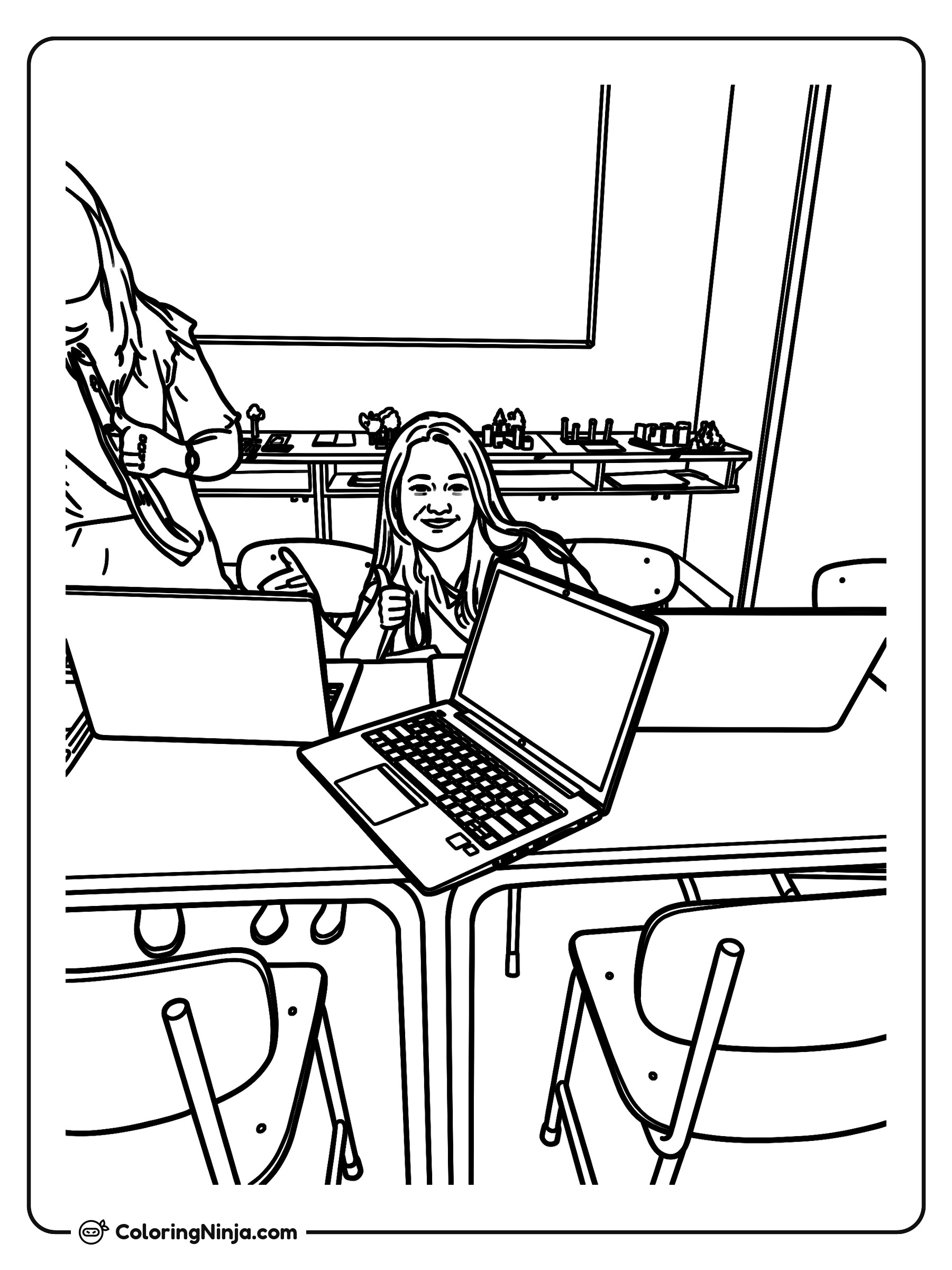 Estudiante en un escritorio con computadoras portátiles: dibujo para colorear