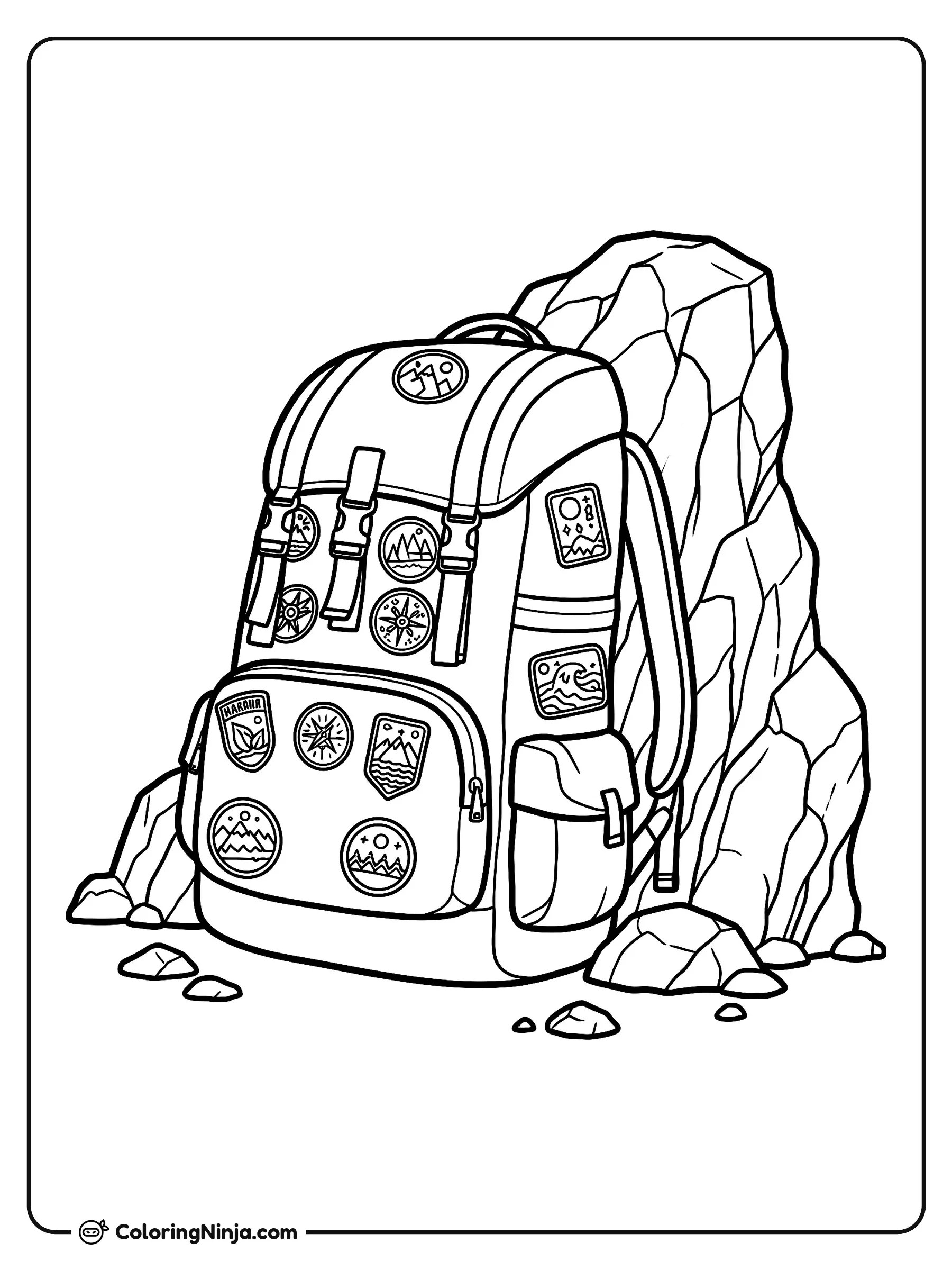 Mochila de explorador al aire libre, dibujo para colorear: Una resistente mochila de senderismo reposa junto a una gran roca y varias piedras dispersas.