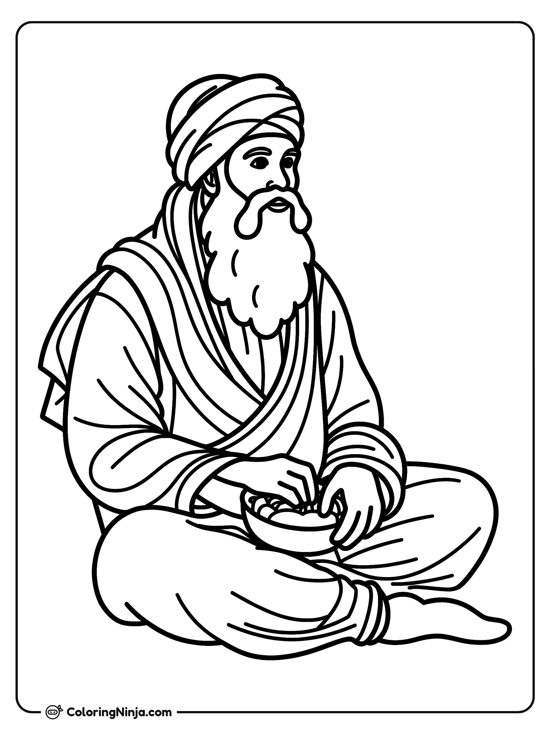 El poeta místico sufí Rumi, dibujo para colorear: El poeta místico sufí Rumi está sentado con las piernas cruzadas mientras viste túnicas tradicionales, un chal sobre los hombros y un turbante.