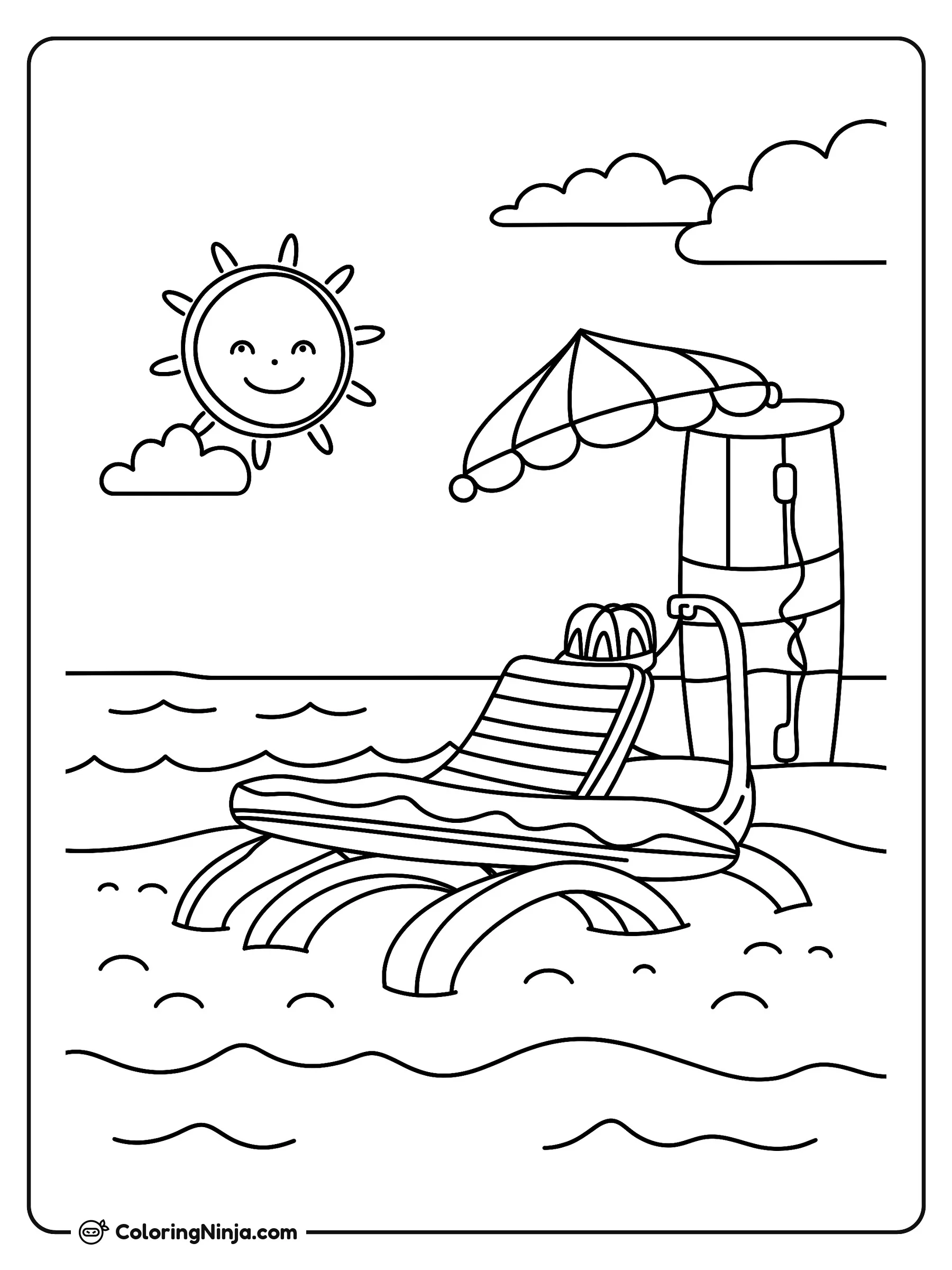 Sol sonriente en la playa de verano, dibujo para colorear: Un alegre sol sonríe sobre un paisaje playero con una cómoda silla de descanso, una sombrilla y una tabla de surf junto al mar.