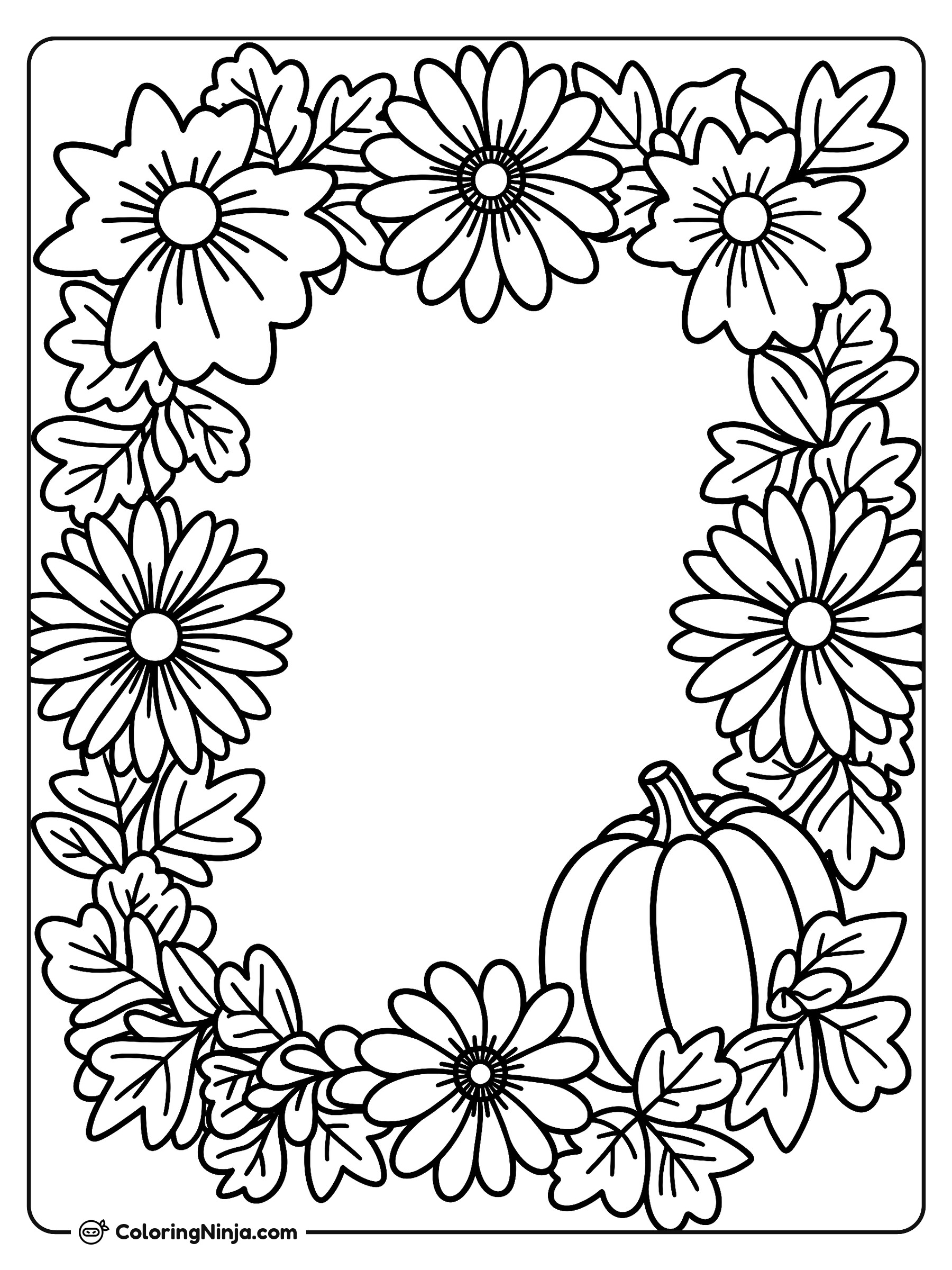 Marco floral de verano con calabaza: dibujo para colorear