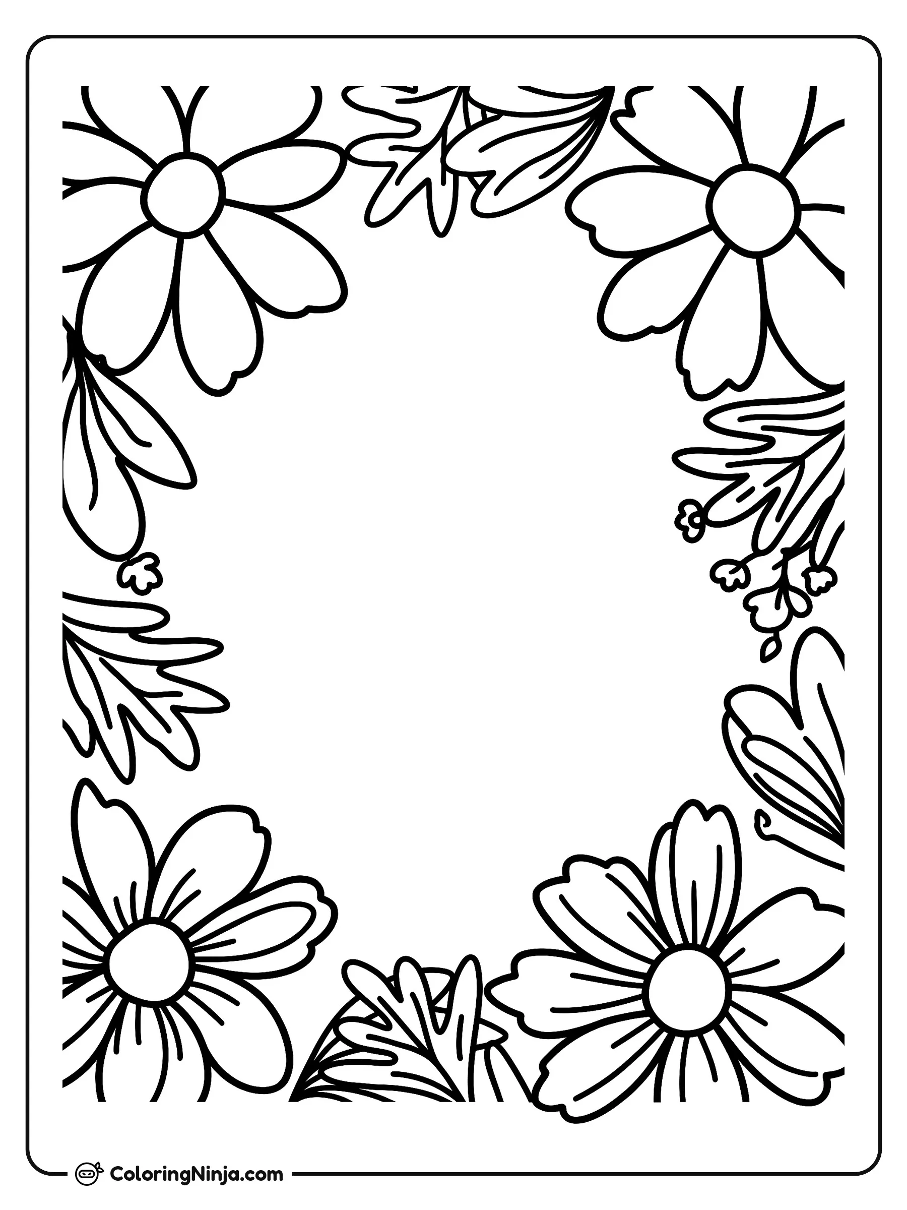 Marco floral con flores de verano, dibujo para colorear: Un borde decorativo lleno de grandes flores de verano, follaje y pequeños capullos rodea un espacio central abierto.