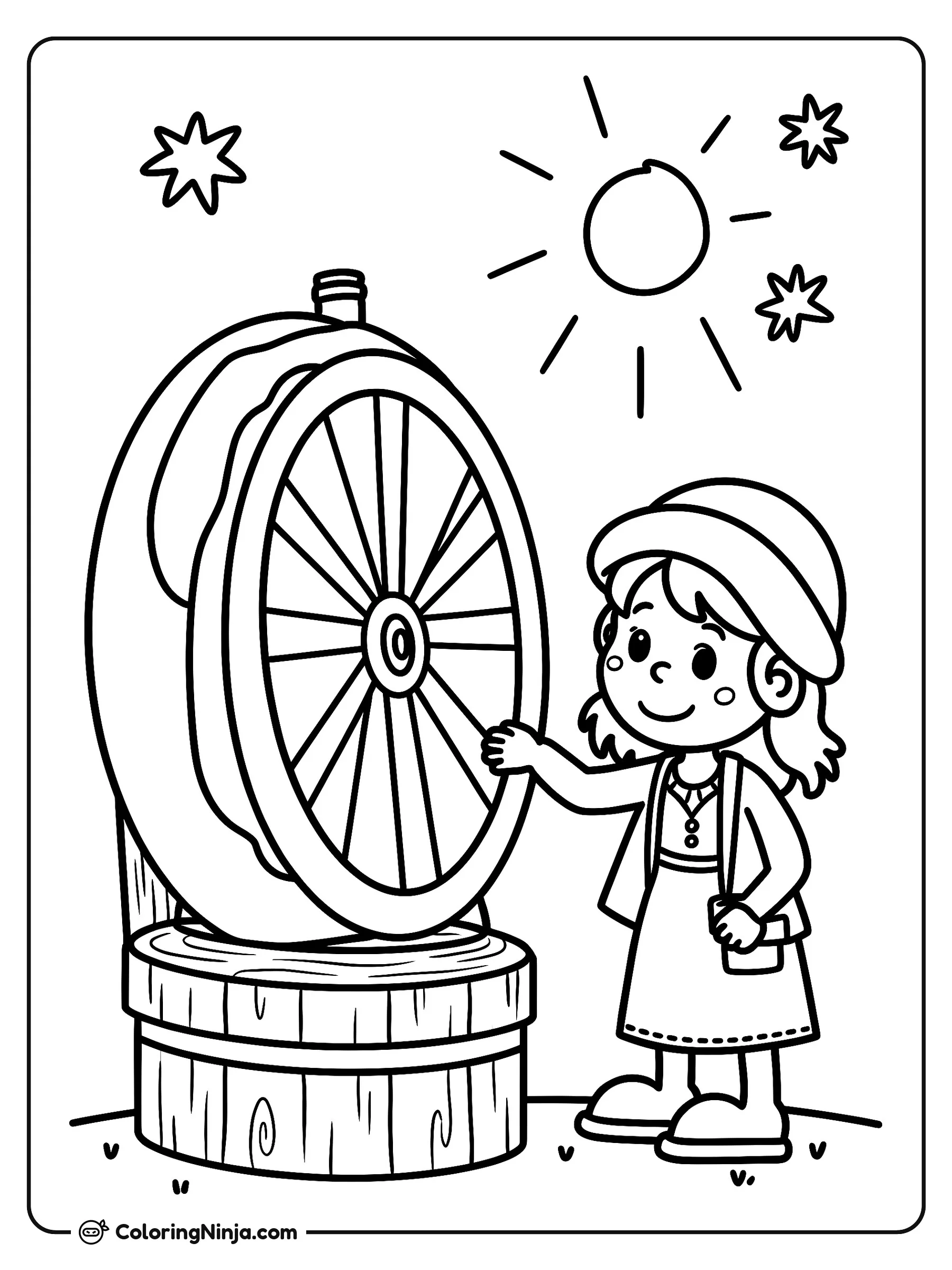 Princesa de la Bella Durmiente y la Rueca, dibujo para colorear: La princesa de la Bella Durmiente se encuentra al aire libre junto a una gran rueca de madera.
