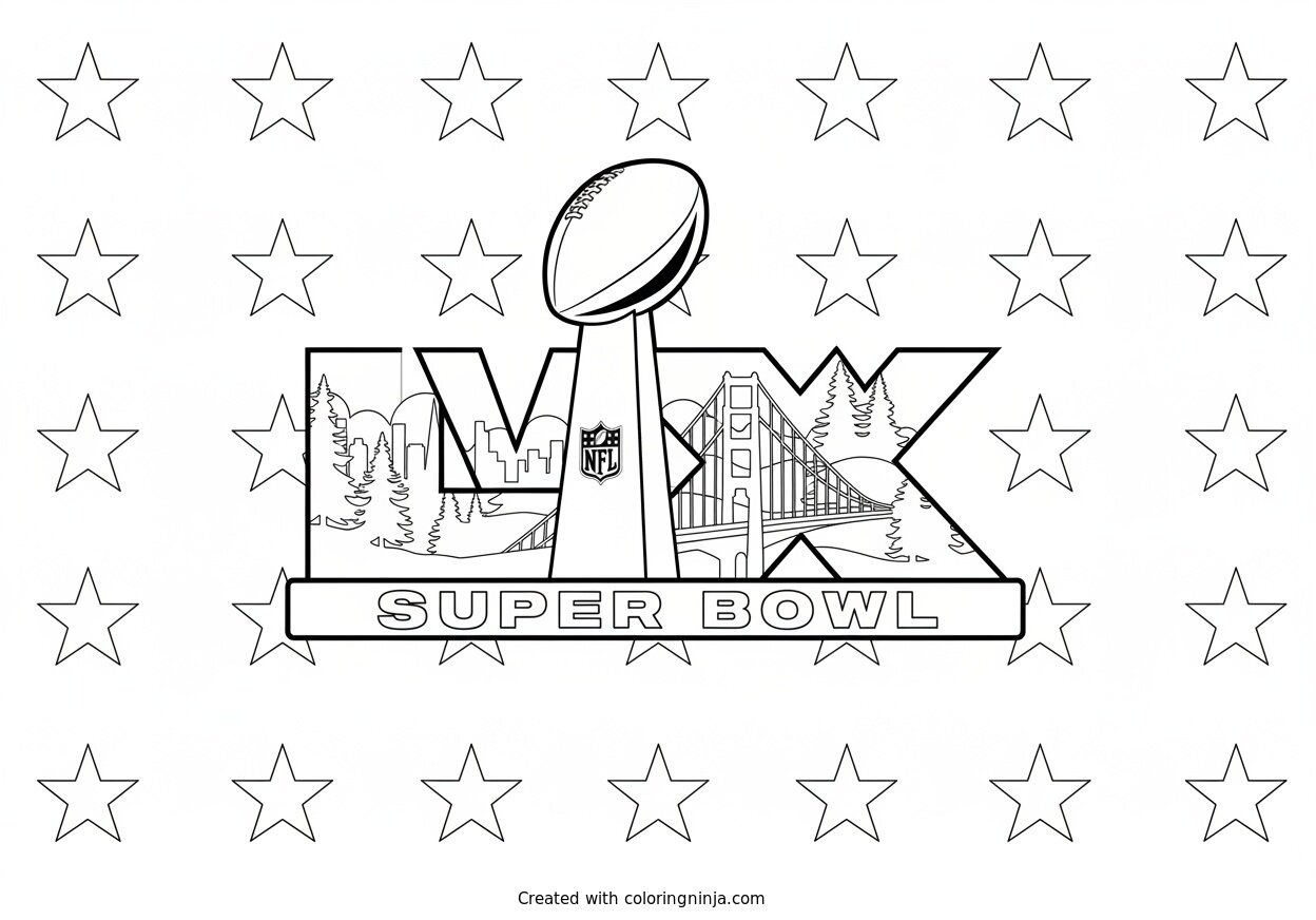 Coloring page of Super Bowl LX Trophy and San Francisco Landmarks