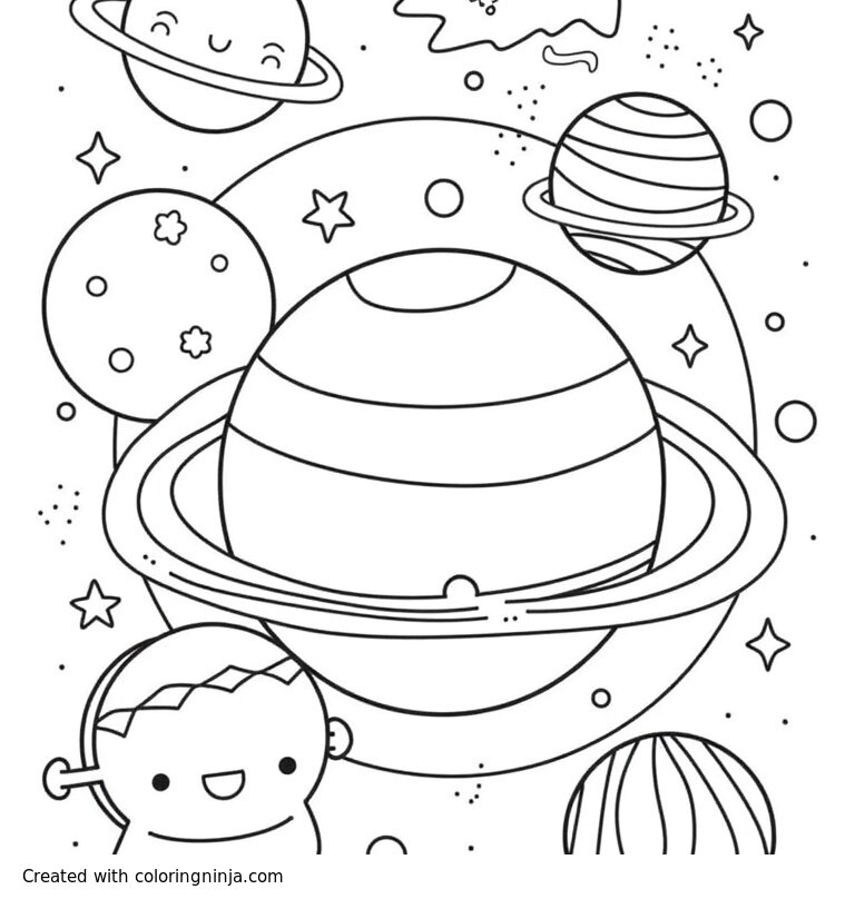 A coloring page of super cute coloring sheet that represents our solar system, complete with planets, the sun, and asteroid belts! 