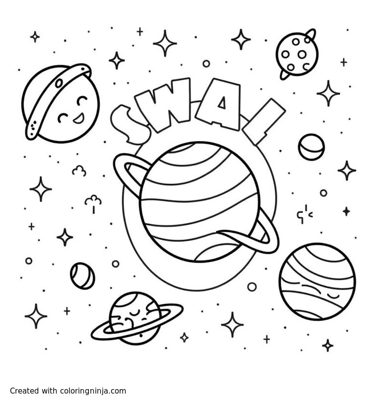 A coloring page of Super cute coloring sheet that represents our solar system, complete with planets, the sun, and asteroid belts