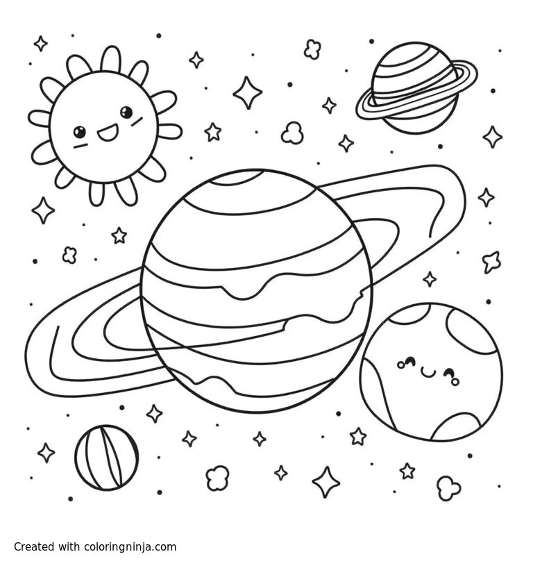 A coloring page of Super cute coloring sheet that represents our solar system, complete with planets, the sun, and asteroid belts