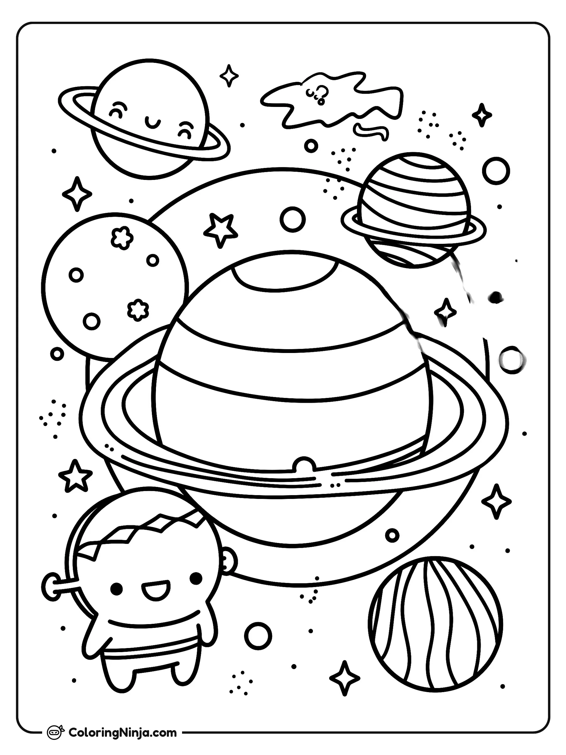Aventura del sistema solar con planetas sonrientes, dibujo para colorear: Un alegre astronauta flota en el espacio exterior rodeado de planetas sonrientes con anillos y cuerpos celestes con lindos patrones.