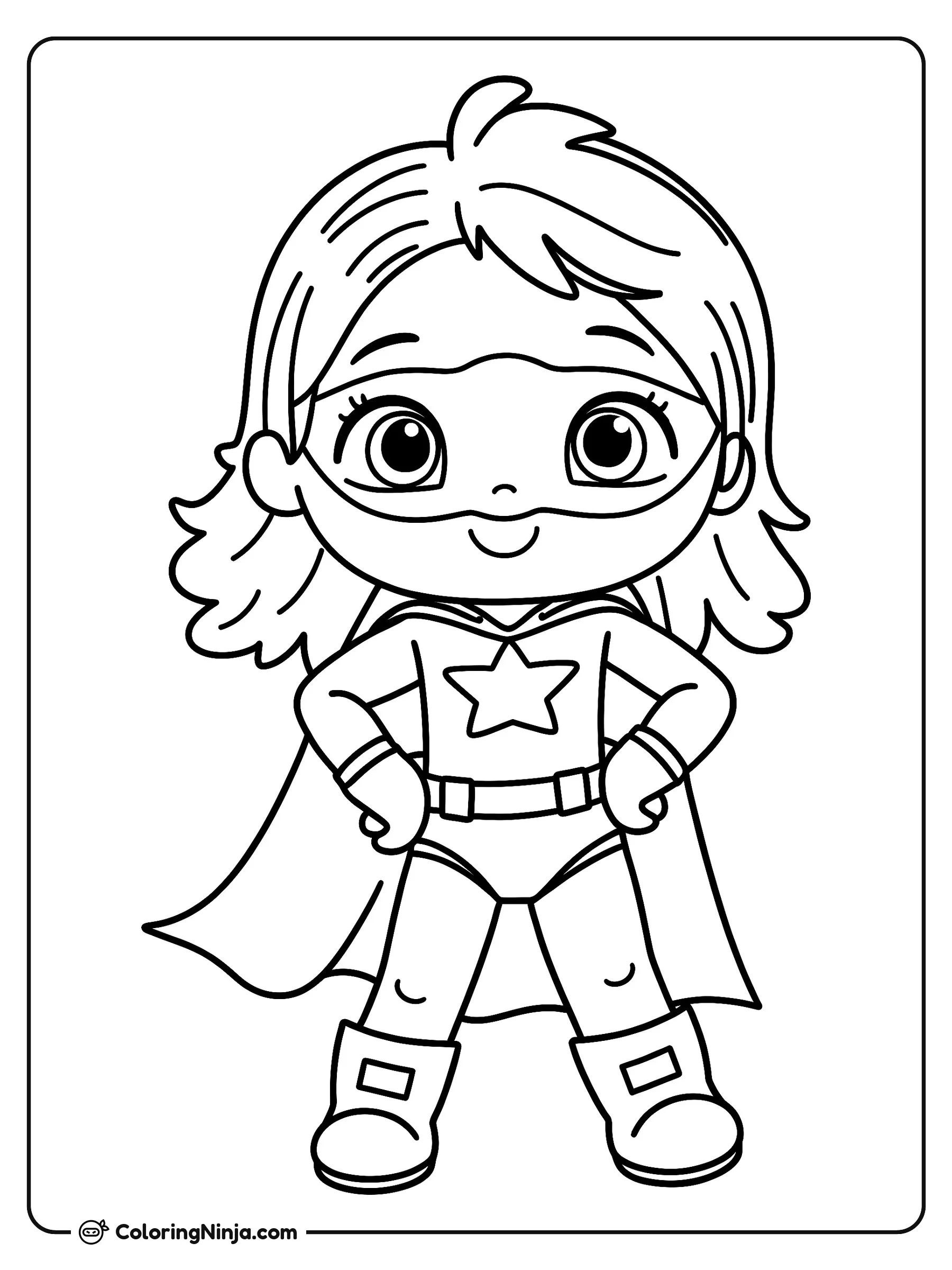 Superheroína lista para la acción, dibujo para colorear: Una joven superheroína posa con orgullo llevando un traje completo con una estrella en el pecho, antifaz, cinturón, botas y capa.