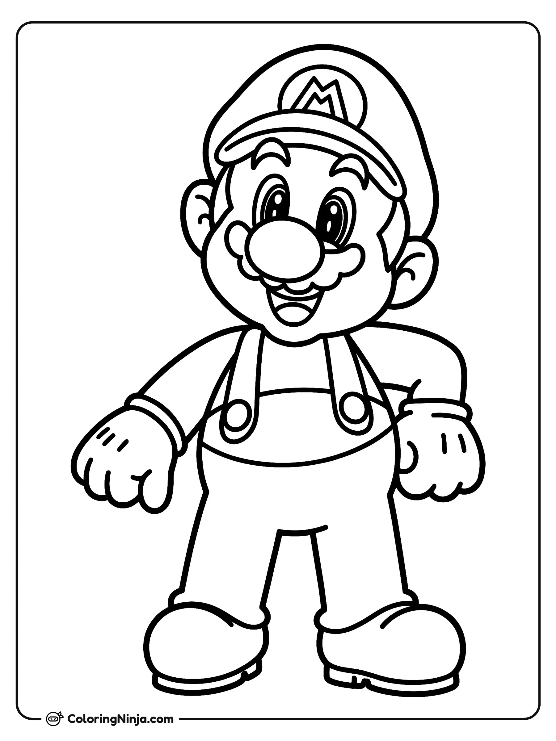 Super Mario de pie sonriendo, dibujo para colorear: Super Mario posa alegremente con su emblemático atuendo de gorra, overol y guantes blancos.