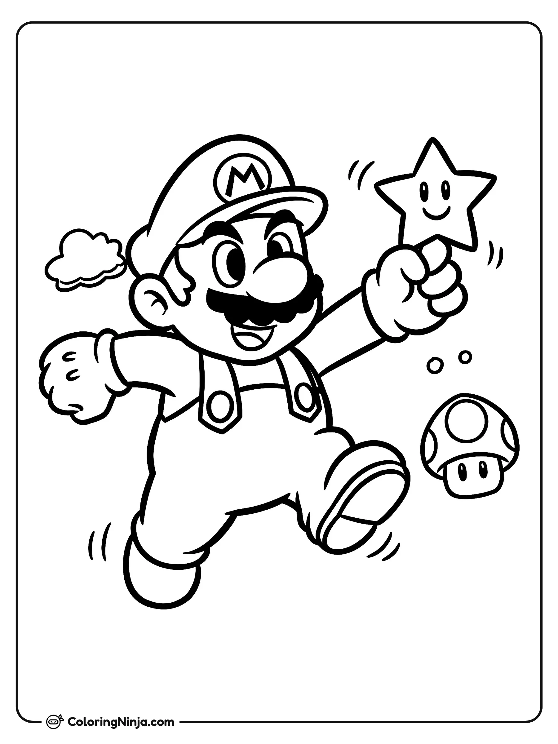 Super Mario sosteniendo una superestrella, dibujo para colorear: Super Mario sostiene una alegre estrella mientras avanza con su gorra clásica, bigote y overol. Un pequeño champiñón flotante lo acompaña en un fondo muy sencillo.