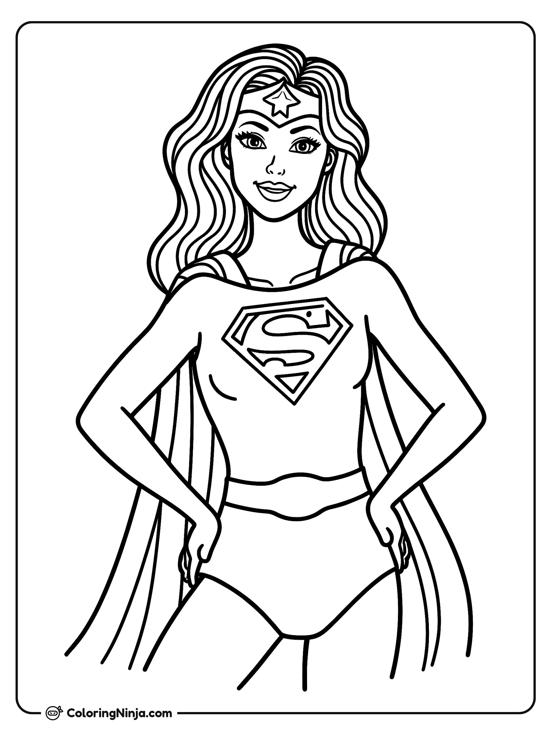 Super Woman con su traje heroico, dibujo para colorear: Super Woman posa con firmeza y una gran sonrisa, luciendo su capa, tiara con estrella y su traje heroico.