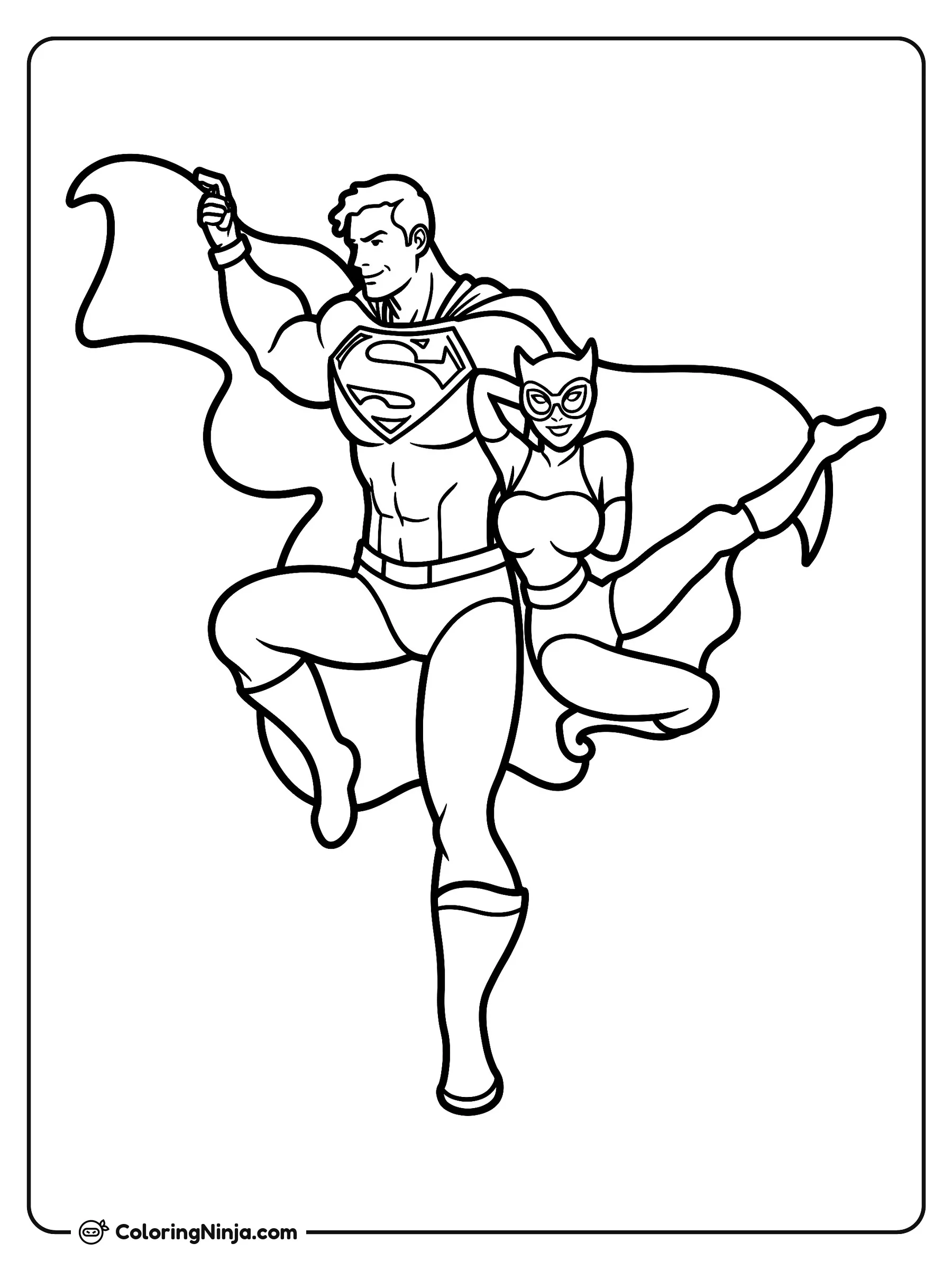 Superman y Catwoman en Acción, dibujo para colorear: Superman salta por el aire luciendo su traje clásico con la capa desplegada a sus espaldas. A su lado, Catwoman realiza una postura divertida luciendo su antifaz y sus botas característicos.
