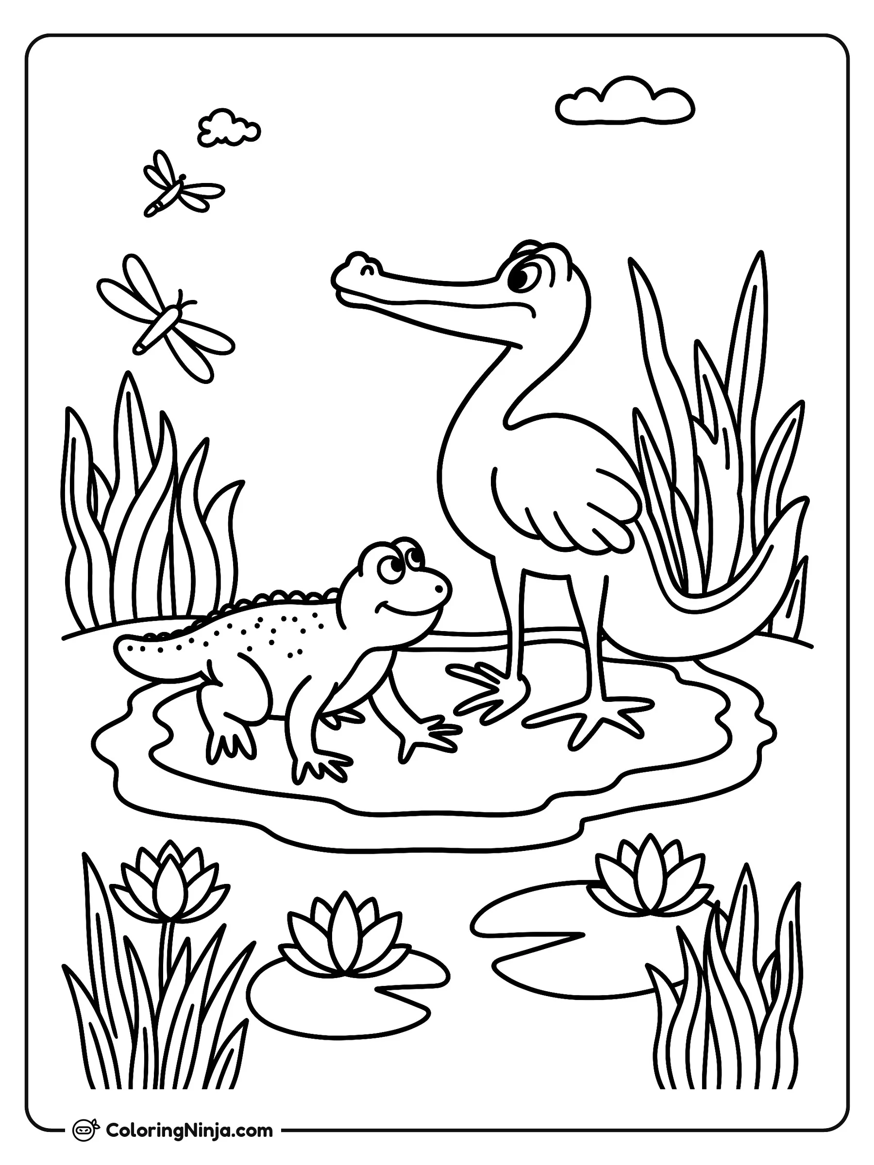 Caimán Feliz y sus Amigos del Pantano, dibujo para colorear: Un caimán sonriente descansa en una orilla junto a un ave alta en un soleado pantano. Sobre ellos revolotean libélulas mientras en el agua flotan nenúfares rodeados de juncos.
