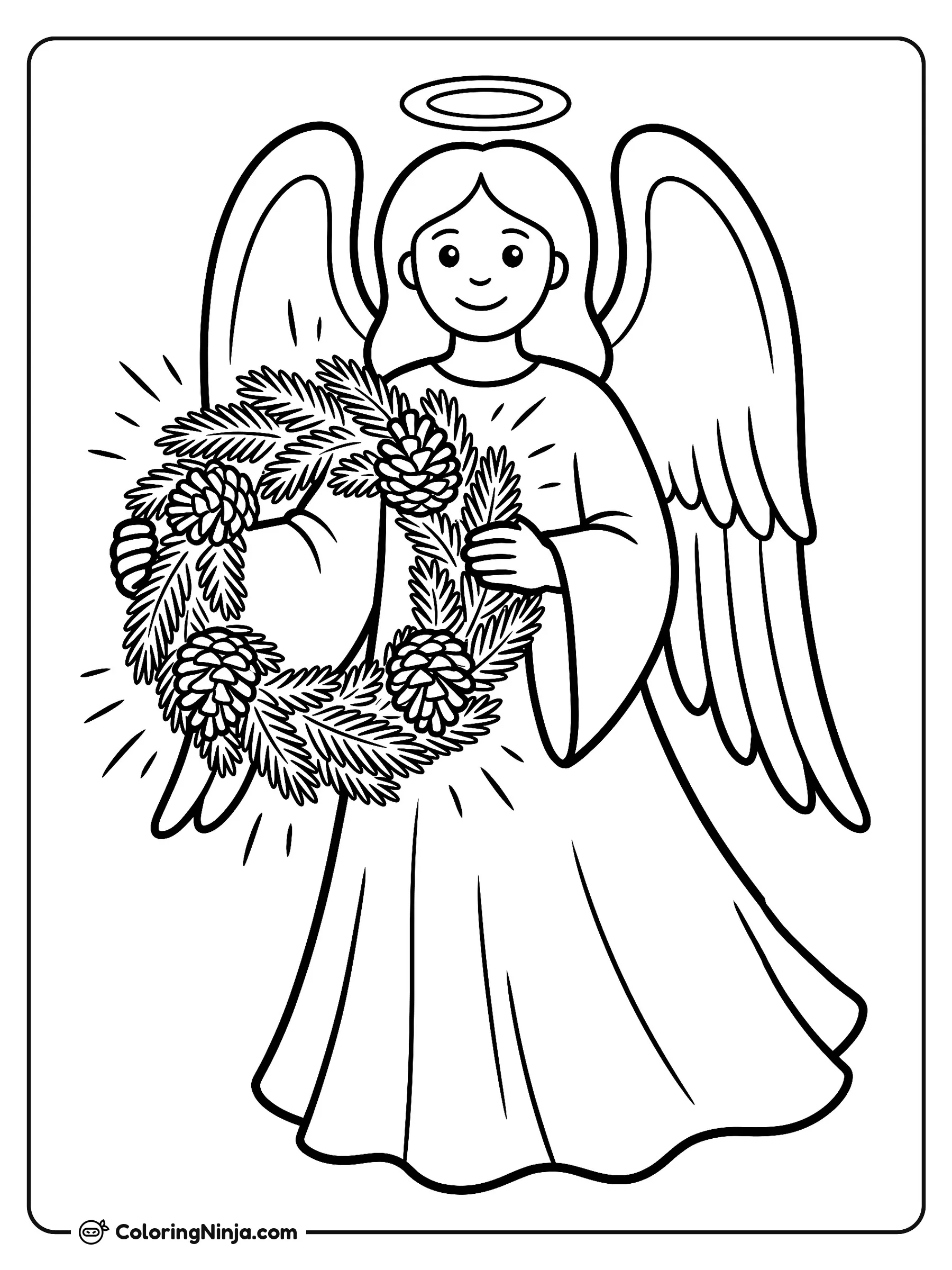 Dulce Ángel Navideño con Corona, dibujo para colorear: Un sonriente ángel navideño lleva una túnica sencilla y una aureola clásica sobre la cabeza. Entre sus manos sostiene una gran corona de pino decorada con piñas secas.