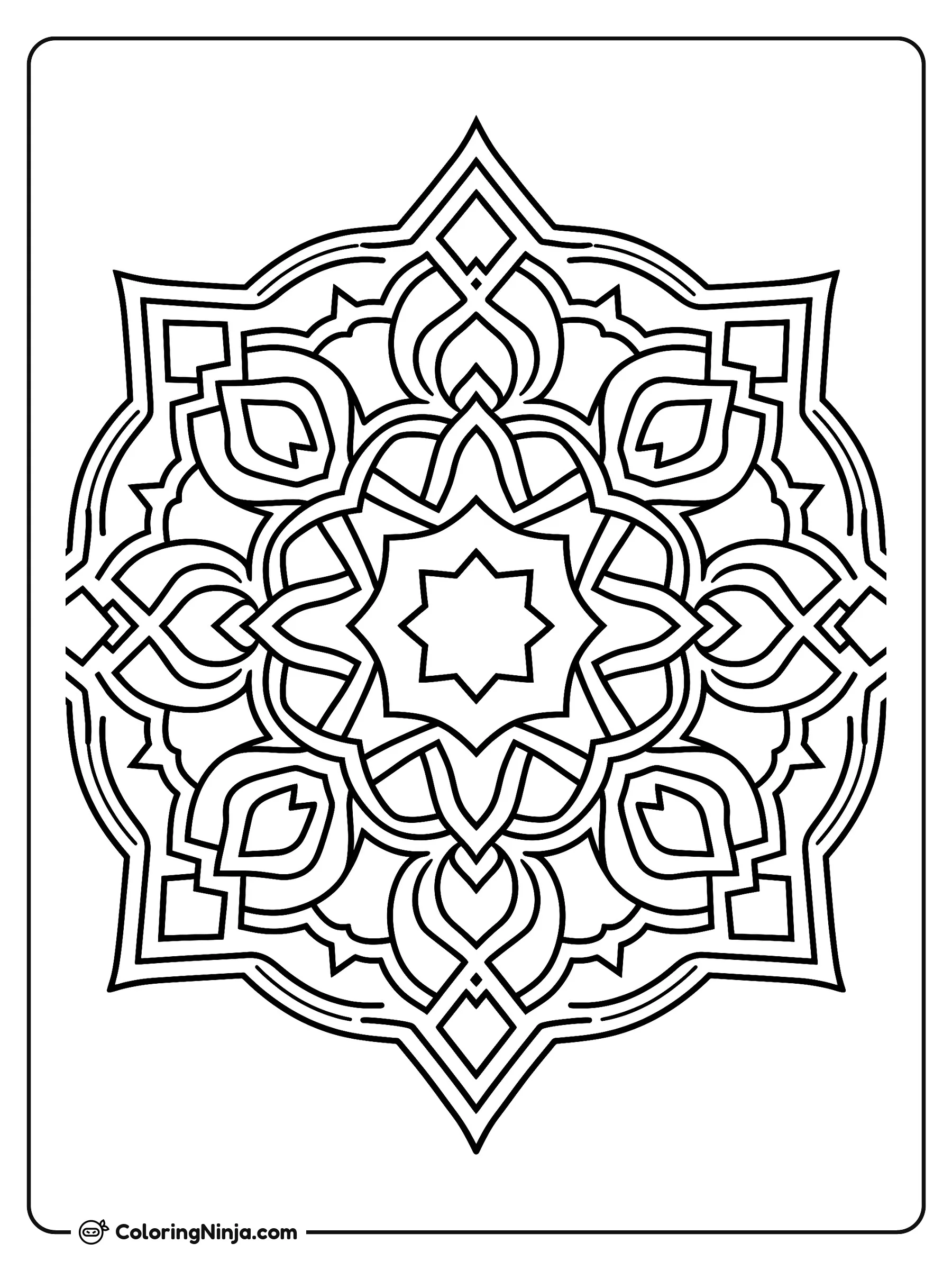 Patrones y estrellas geométricas islámicas, dibujo para colorear: Una disposición simétrica presenta un medallón circular formado por estrellas y patrones geométricos islámicos entrelazados.
