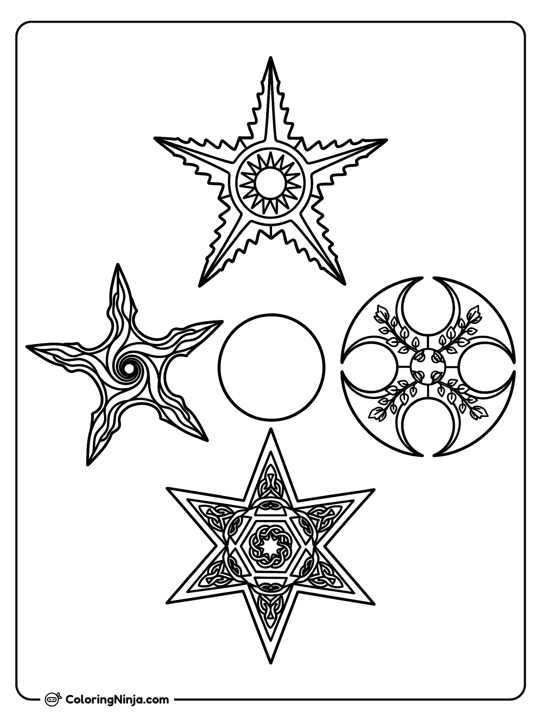 Colección de estrellas shuriken ninja, dibujo para colorear: Esta imagen muestra una colección de cinco estrellas shuriken ninja únicas con formas dentadas, onduladas, diseños circulares y nudos celtas.
