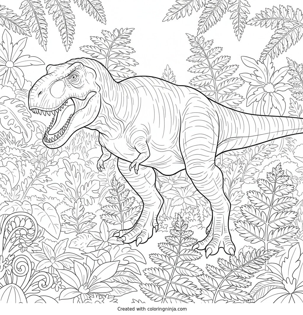 T-Rex Exploring A Dense Fern Jungle Coloring Page