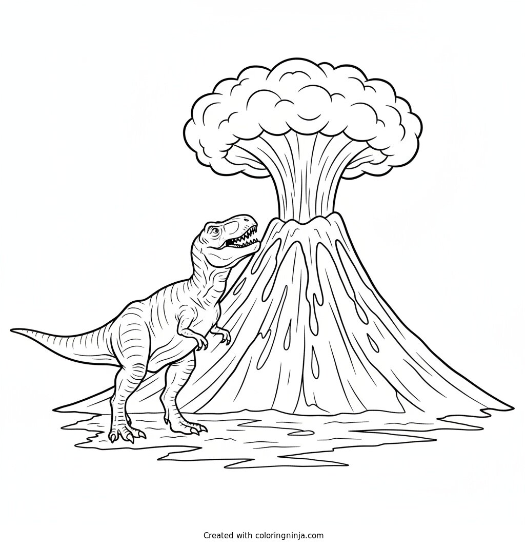 T-rex Standing Beside a Large Smoking Volcano Coloring Page