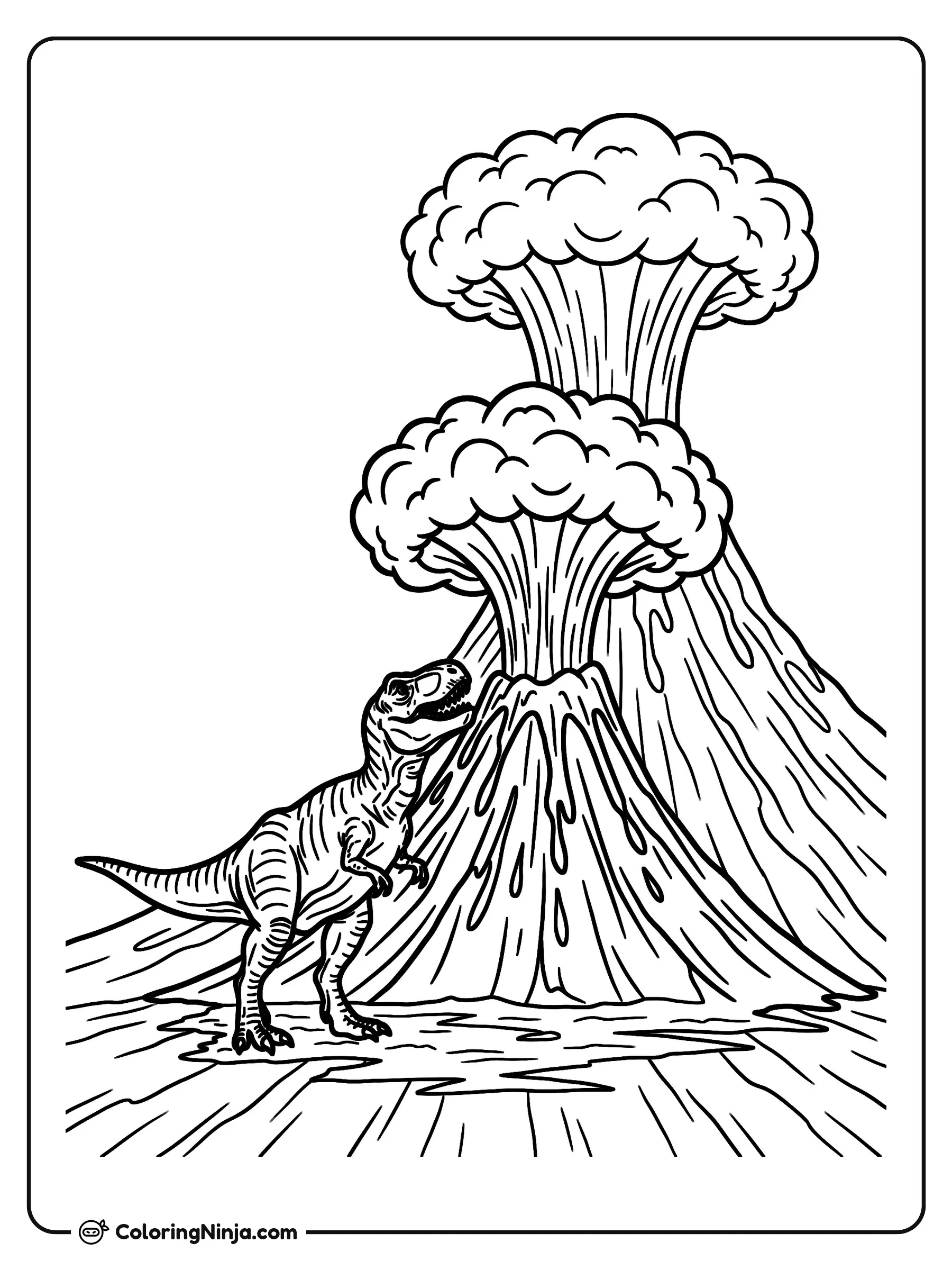Tiranosaurio Rex junto a un volcán humeante, dibujo para colorear: Un T-rex camina sobre un terreno rocoso al lado de un gran volcán en erupción que arroja humo y lava. El dinosaurio contempla el paisaje prehistórico mientras la cima echa grandes nubes.