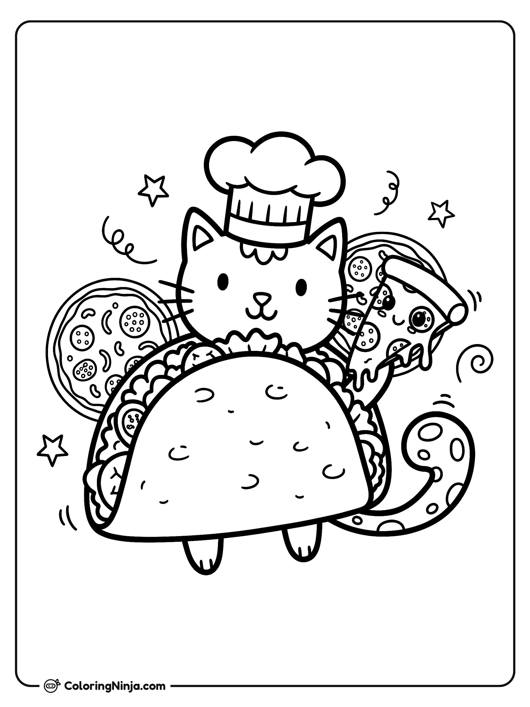 Gato chef con taco y pizza: dibujo para colorear