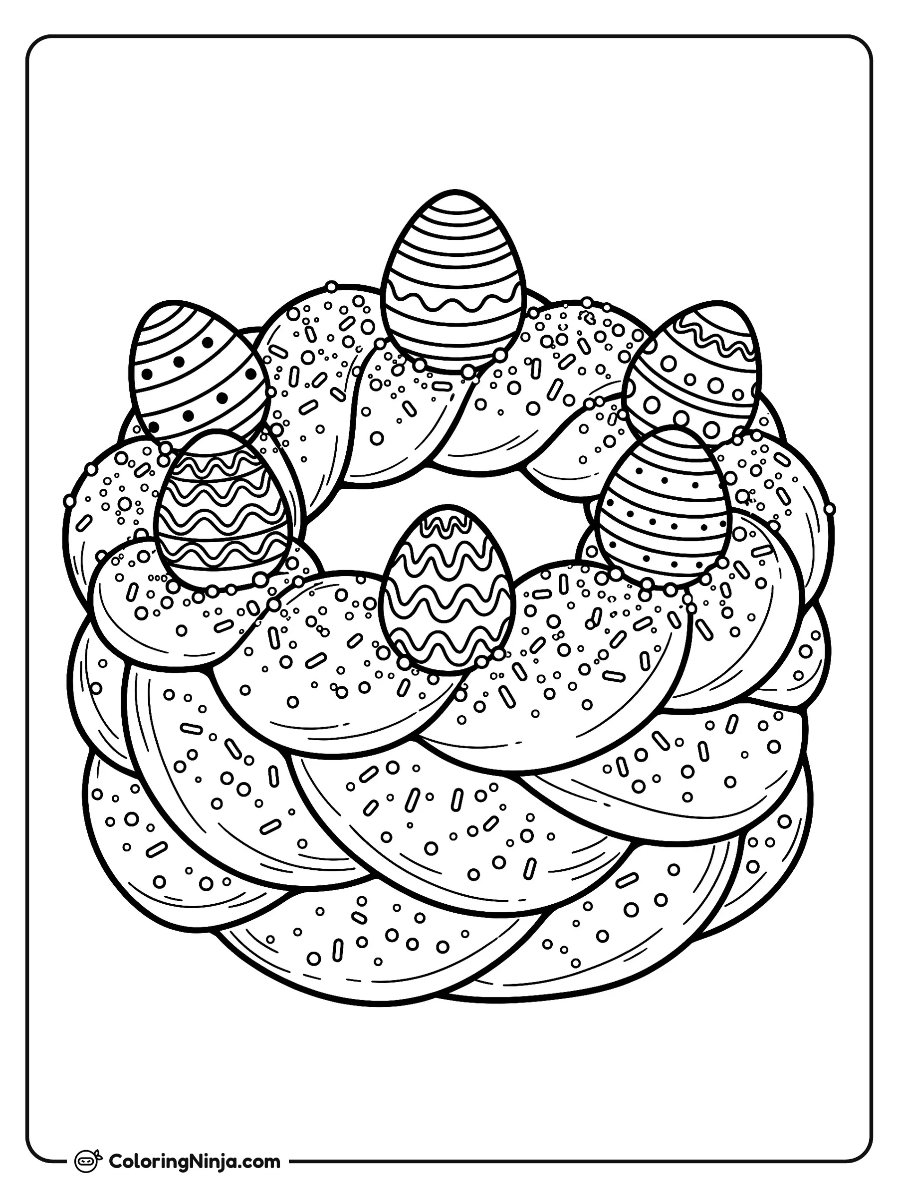 Rosca de Pan Dulce de Pascua, dibujo para colorear: Una hermosa rosca de pan dulce trenzado decorada con chispas y varios huevos de Pascua adornados con patrones.