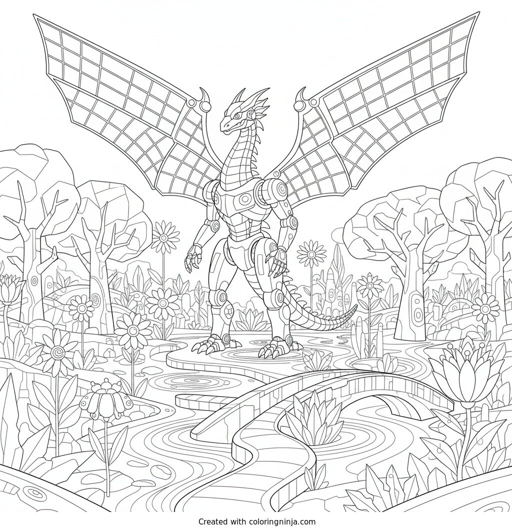 Solar Powered Metal Dragon Guardian Coloring Page