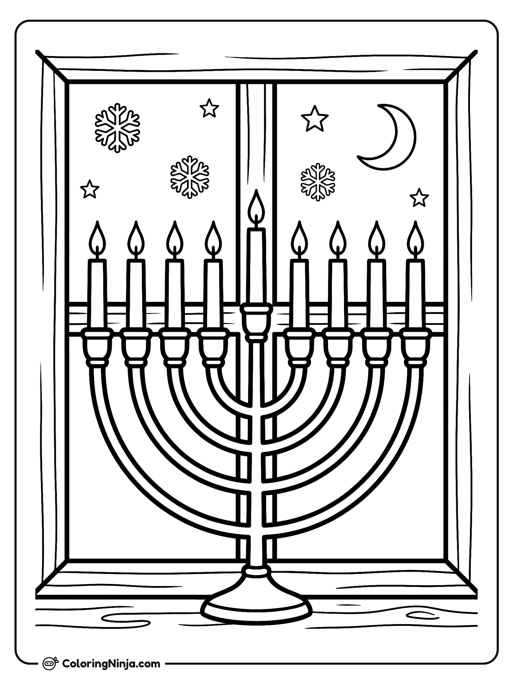 Window Menorah on Snowy Night Coloring Page