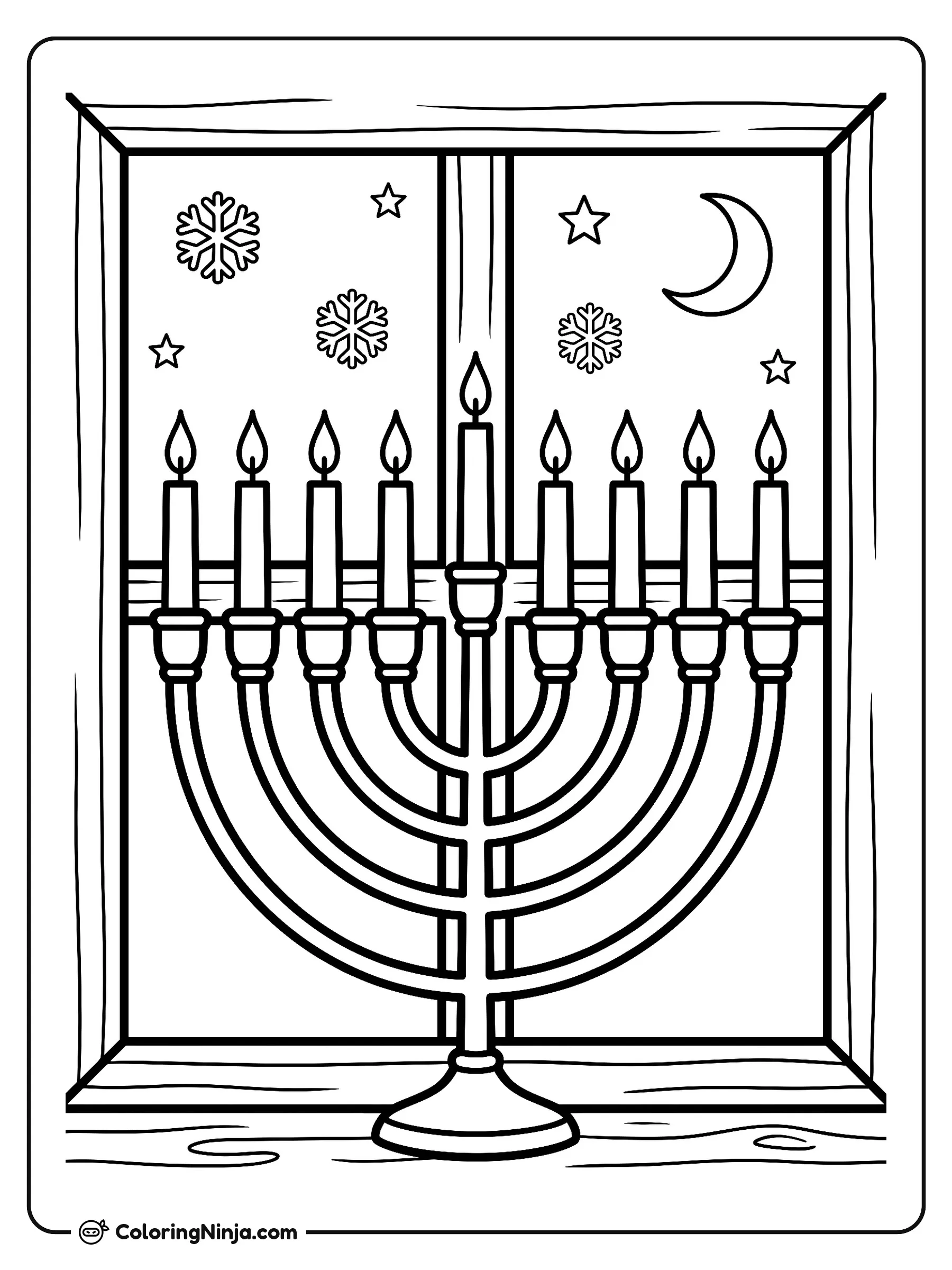 Window Menorah on Snowy Night Coloring Page: A lit nine-branched menorah rests on an indoor wooden sill. Outside the windowpane, gentle snowflakes fall against a dark night sky.