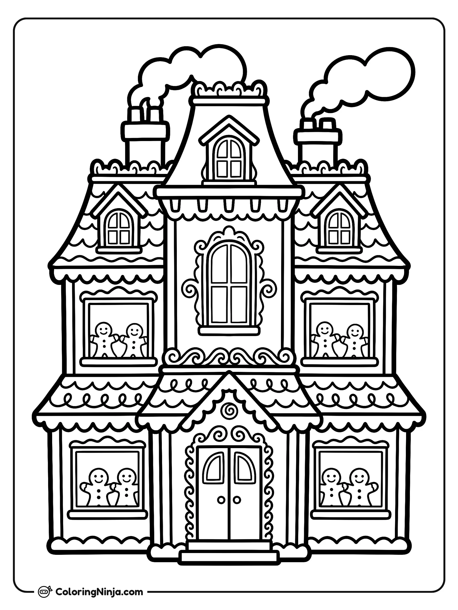 Tall Gingerbread Mansion Coloring Page: A towering three-story gingerbread mansion stands with multiple gabled roofs, small dormer windows, twin candy chimneys, and intricate frosting lace along every edge.