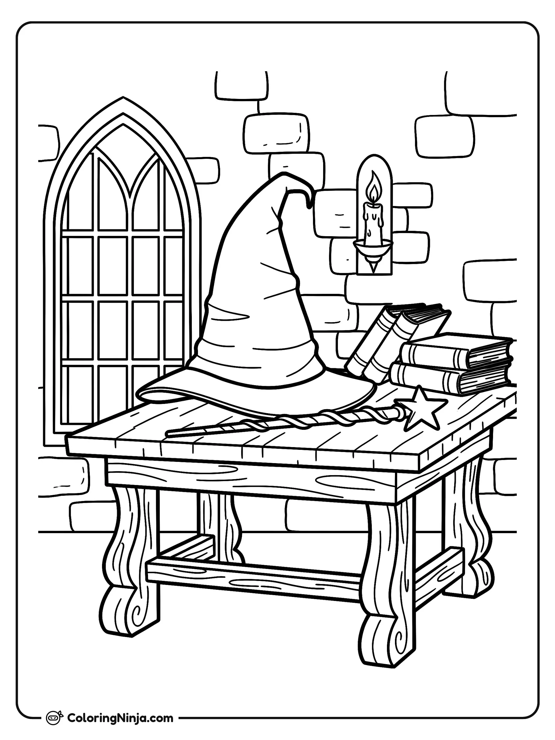 El taller del mago del castillo, dibujo para colorear: Un mágico taller de mago cuenta con una resistente mesa de madera donde descansan un sombrero puntiagudo, una varita con estrella y varios libros de hechizos.