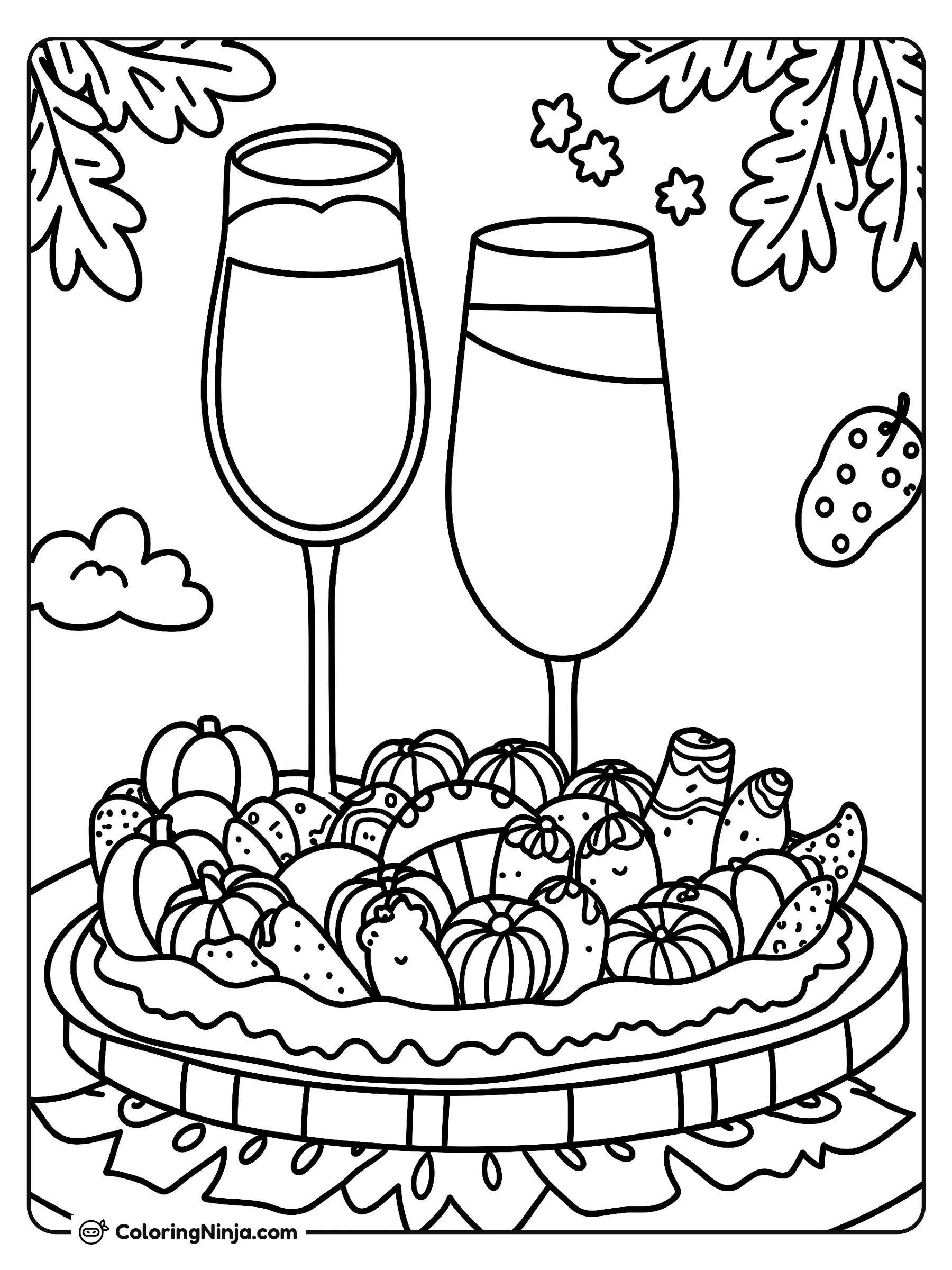 Copas de vino con calabazas y bocadillos, dibujo para colorear: Dos elegantes copas de vino se encuentran detrás de una bandeja decorativa repleta de mini calabazas y variados aperitivos festivos.