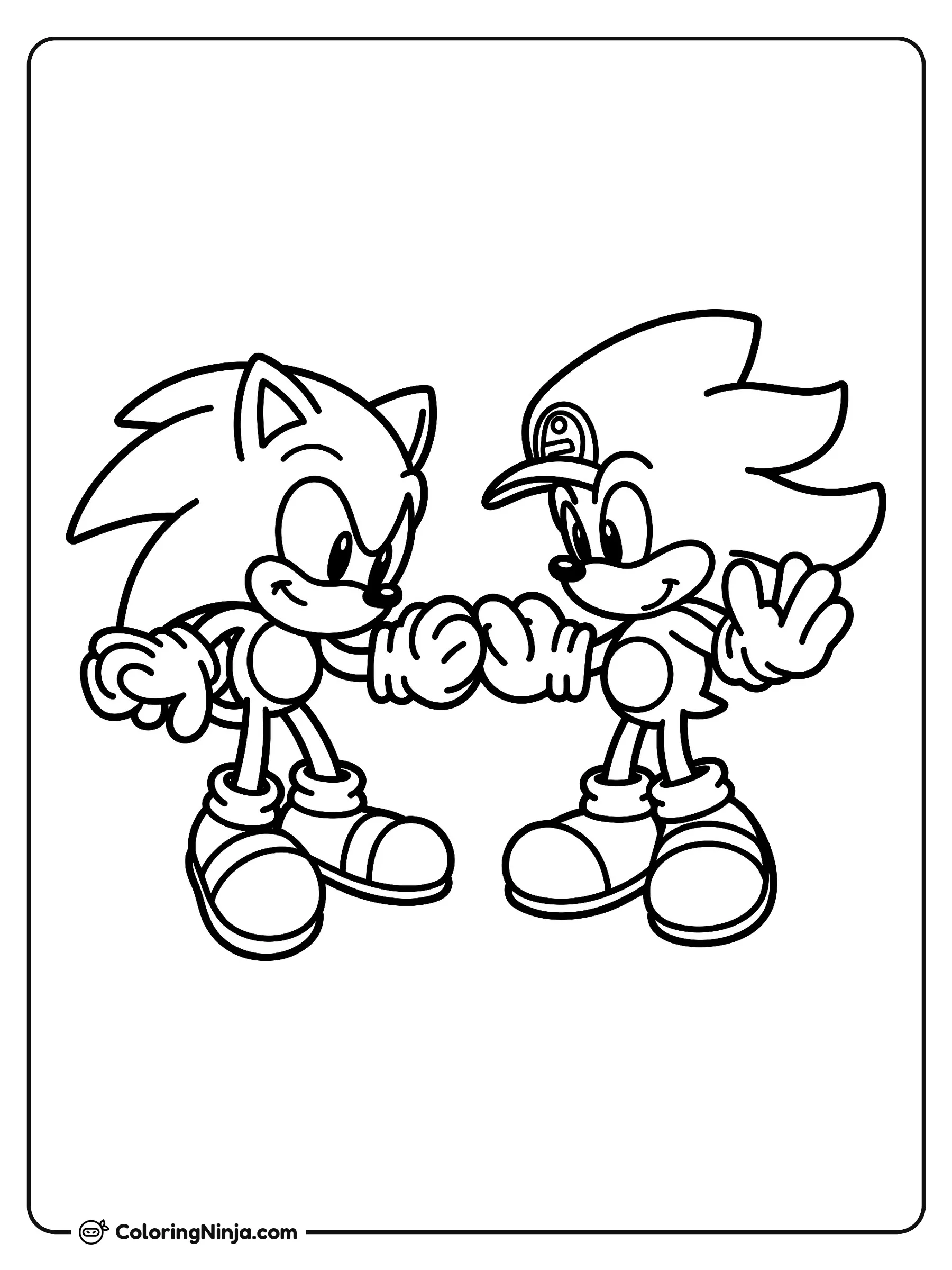 Equipo Sonic contra Equipo Mario, dibujo para colorear: Los personajes principales de Sonic y Mario están juntos lado a lado, dándose un choque de puños amistoso y saludando alegremente.
