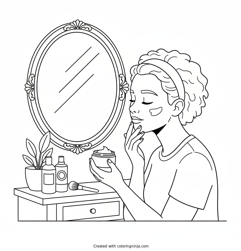 Coloring page of Teenager applying face moisturizer with a round mirror