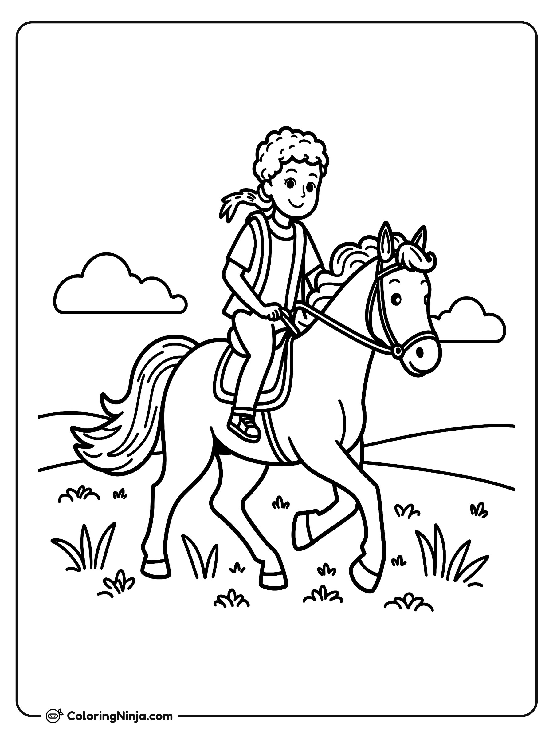 Joven montando a caballo en el campo: dibujo para colorear