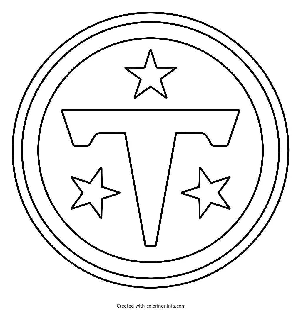 Logo de los Tennessee Titans, dibujo para colorear: Un emblema circular del logo de los Tennessee Titans muestra una letra T central acompañada de tres estrellas de cinco puntas.