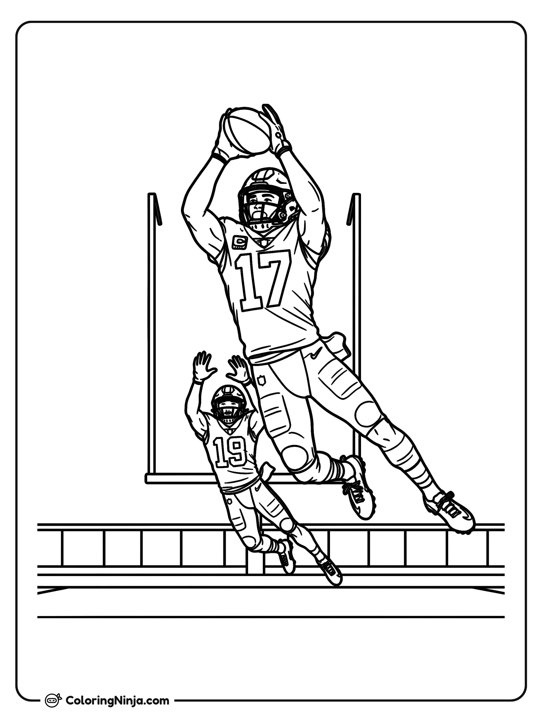 Atrapada Increíble de Terry McLaurin, dibujo para colorear: El jugador de fútbol americano Terry McLaurin salta muy alto en el aire para atrapar un balón cerca de la zona de anotación con su uniforme número 17.