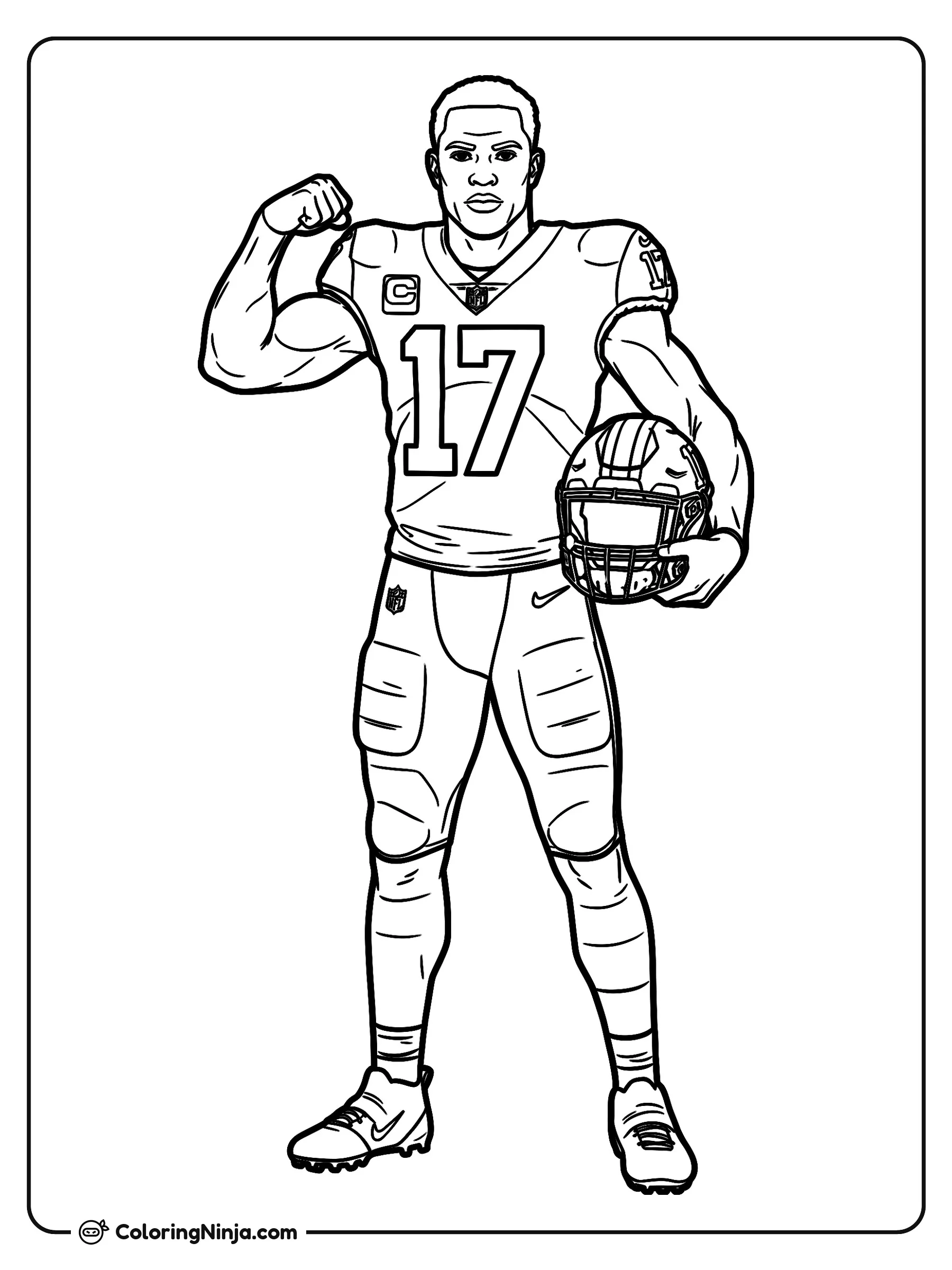 Retrato heroico de Terry McLaurin, dibujo para colorear: Terry McLaurin posa con confianza en el campo con su uniforme completo y el número 17. Muestra su fuerza flexionando un brazo mientras sostiene su casco debajo del otro.