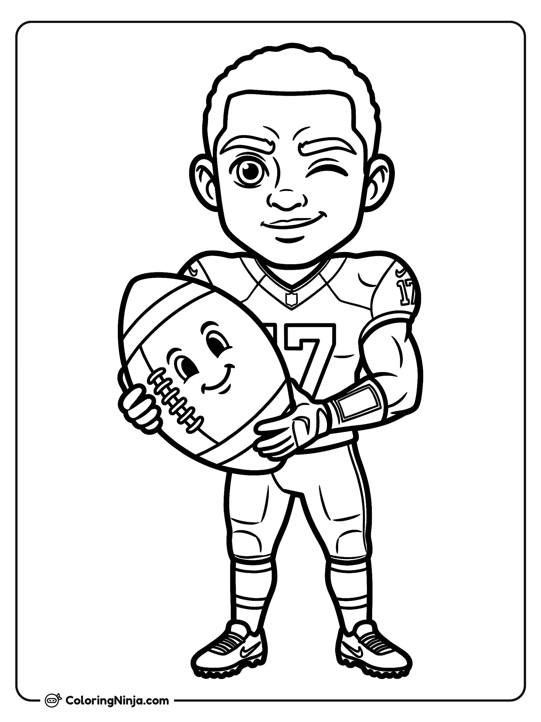 Terry McLaurin estilo dibujo animado, dibujo para colorear: Terry McLaurin posa con una gran sonrisa y un guiño amigable mientras sostiene un balón de fútbol americano. Lleva su uniforme deportivo con el número 17 y el balón tiene una carita alegre.